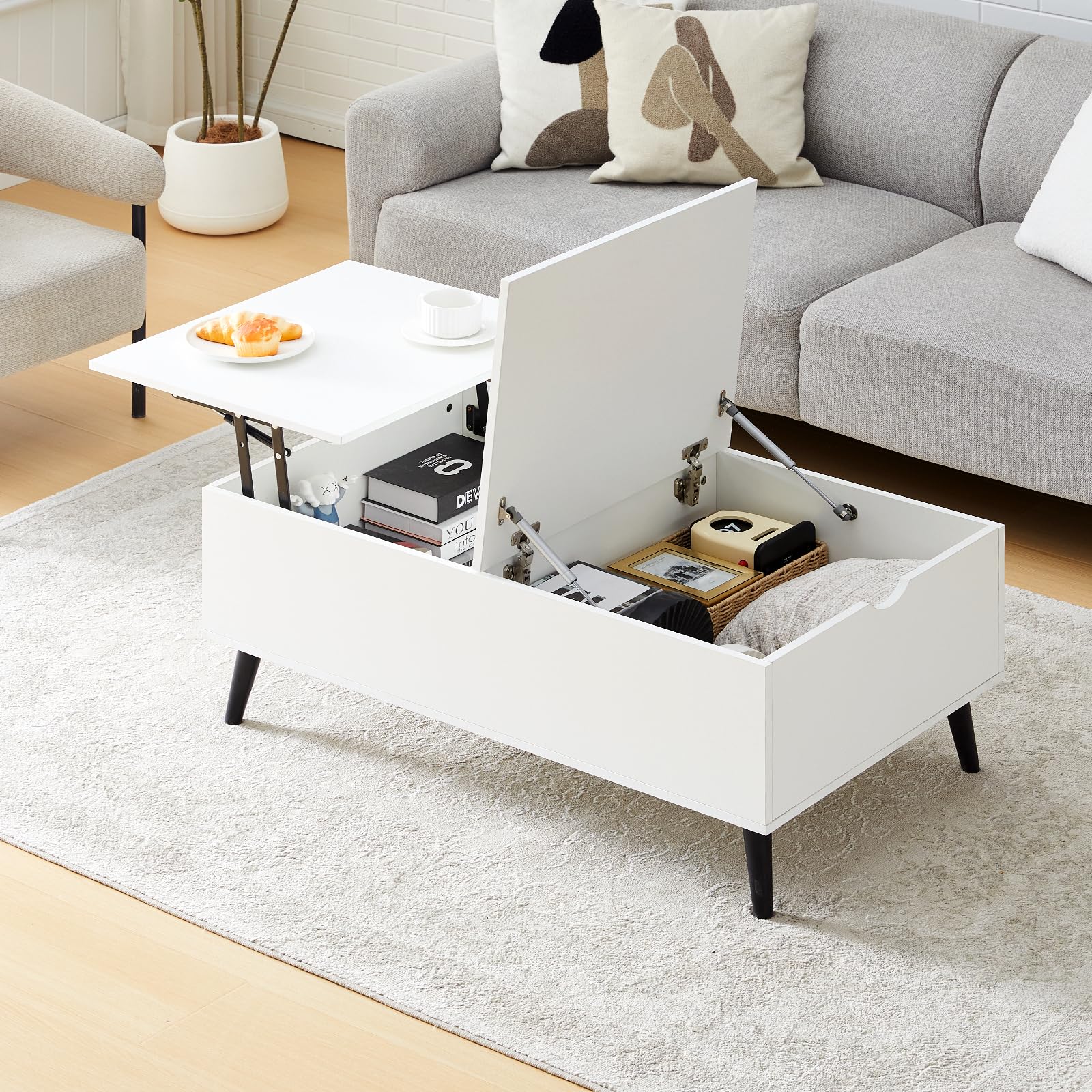 TUKAILAi Lift Top Coffee Table with Storage, Wooden Sofa Side Lift-up Tea Table for Living Room, Storage Cabinet with Hidden Compartments for Home Office Reception (White)