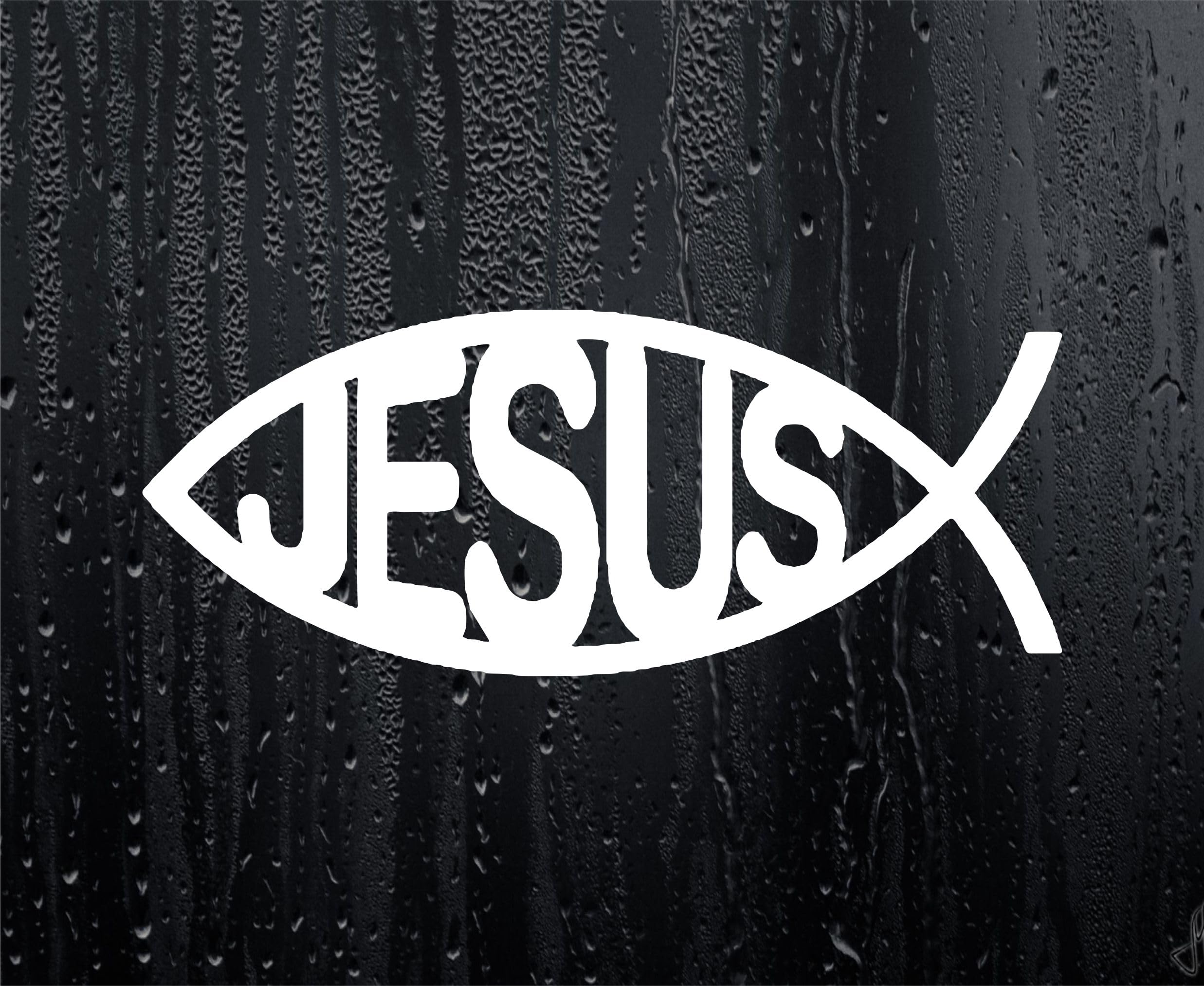 Decalarama White 2X Car Van Sticker Jesus Ichthys Text Fish Christian Symbol Religious Window Bumper Boot Door Decal - Large
