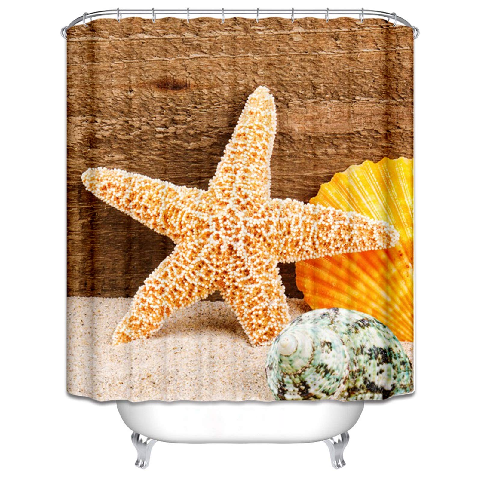 KnSam Cortina de ducha de 100% poliéster, incluye 12 anillas para colgar en la bañera, antimoho, resistente al agua, estrella de mar y conchas, color marrón, ancho 150 x 180 cm