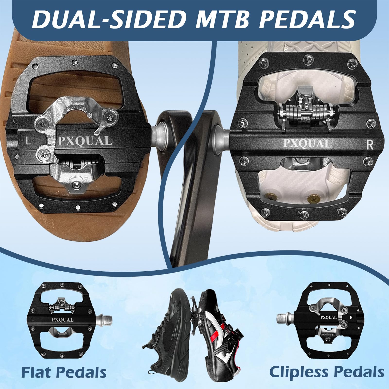 SPD Pedals - Pedales MTB de 9/16 pulgadas, color negro, pedal ligero de doble cara sin clips/plano MTB - Acero cromado, rodamientos sellados y carcasa de aluminio CNC, pedal de bicicleta de