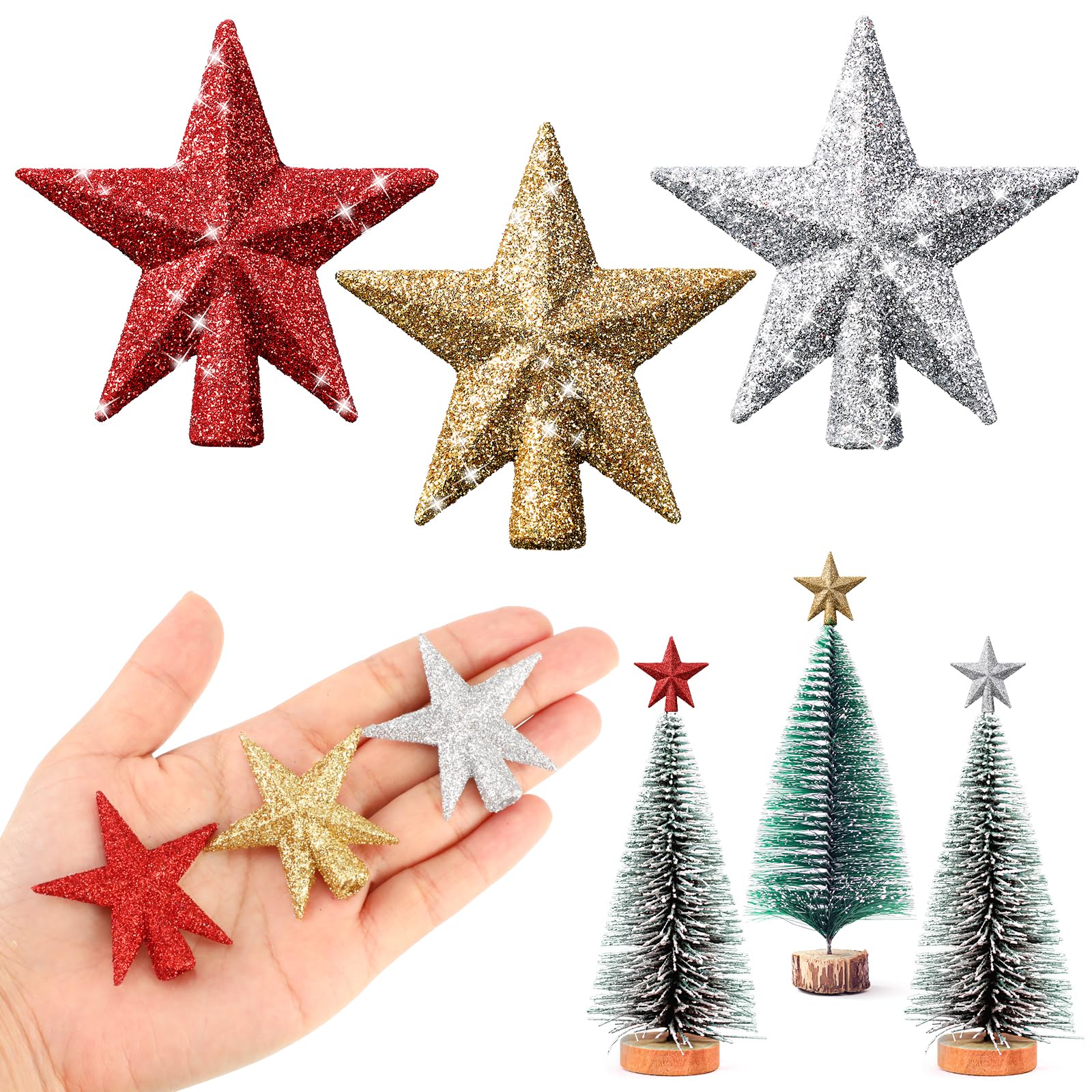 Hanaive 3 Pcs Mini Christmas Tree Topper Small Star Christmas Treetop Ornaments for Mini Tree Holiday Decorative Star for Xmas Home Decor(1.77 Inch,Glitter Gold, Silver, Pink)
