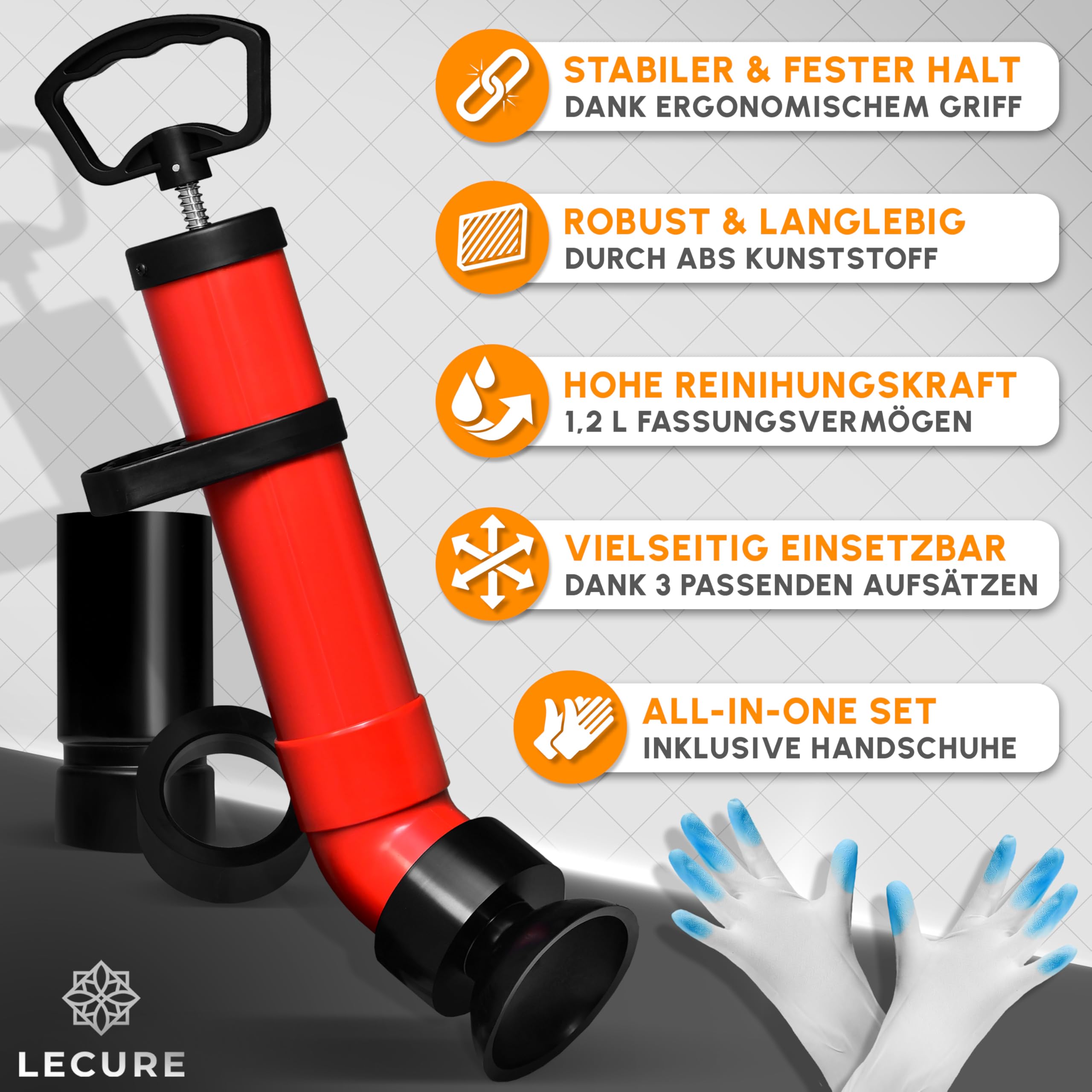 Rohrreinigungspumpe [Inkl. 3x Aufsätze] - Effektive Abflusspumpe für Rohrreinigung inkl. Handschuhen und 3 Abfluss-Adaptern für Dusche, Toilette, Spüle & Co.
