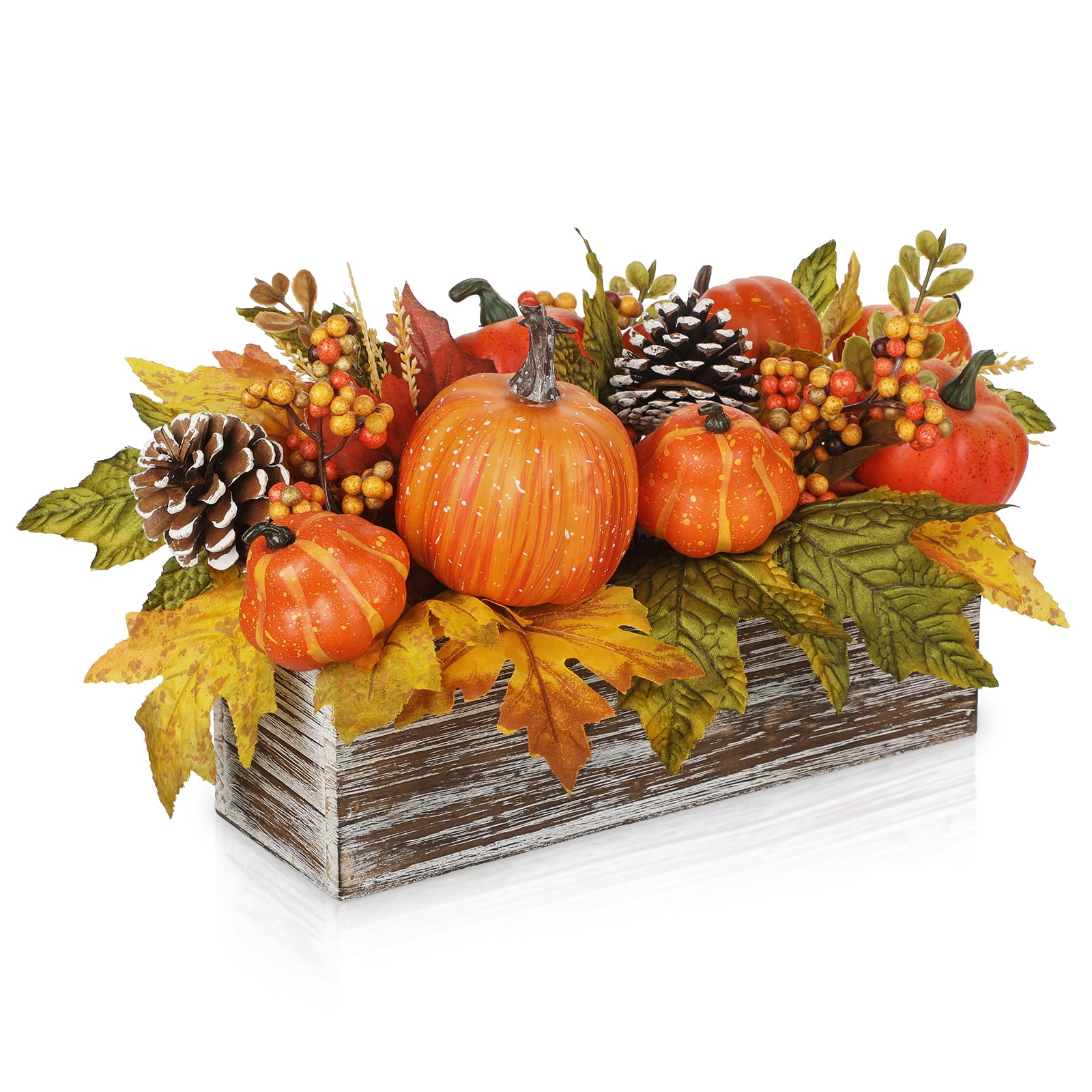 Oairse Autumn Decor Artificial Pumpkin Table Centerpiece in Rustic Wooden Box Fall Decorations Harvest Arrangement with Maple Leaves, Pinecones & Berries for Thanksgiving Wedding Farmhouse Home Décor