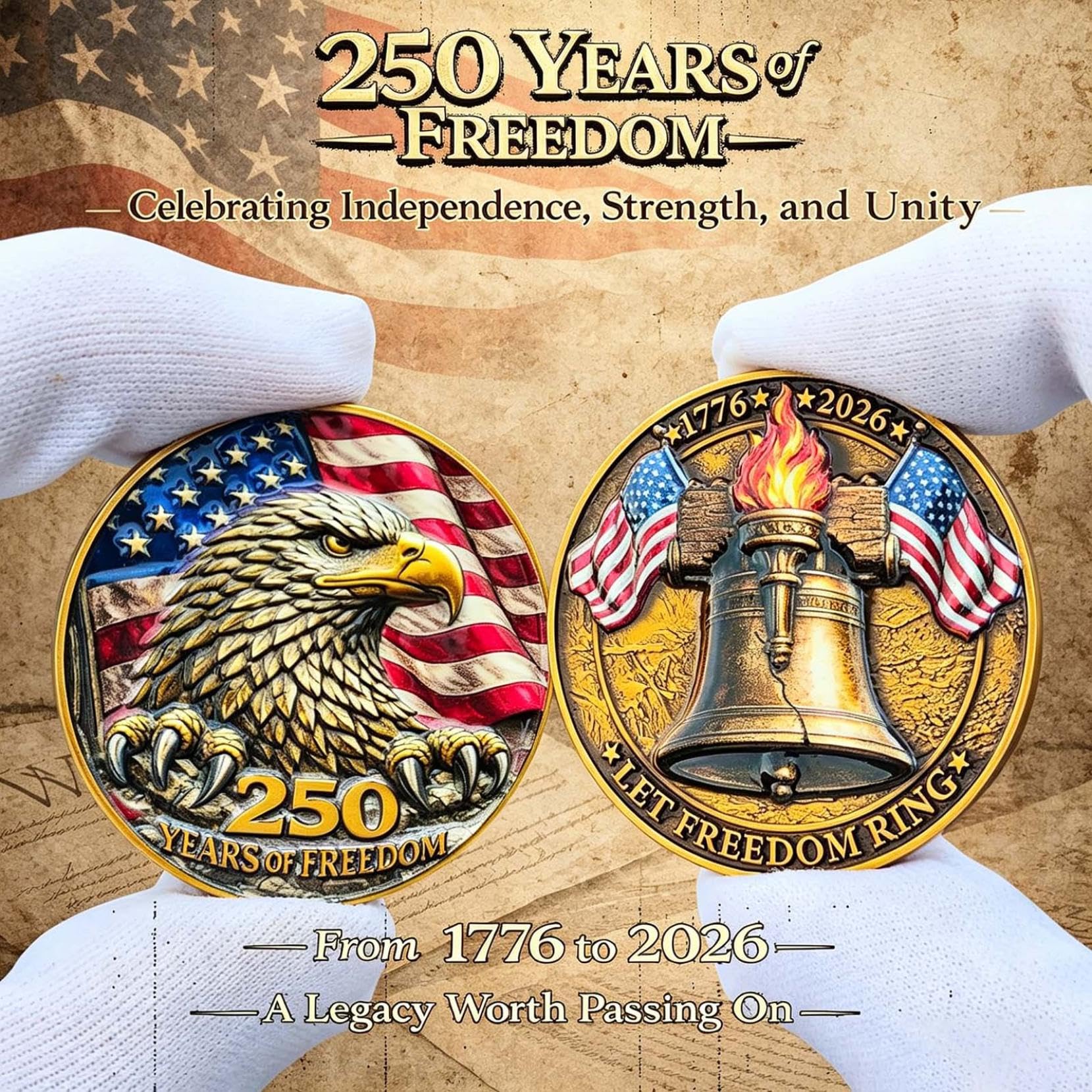250th Anniversary USA Commemorative Coin Set including Wooden Gift Box, Patriotic Eagle & Liberty Bell Coins - Image 6