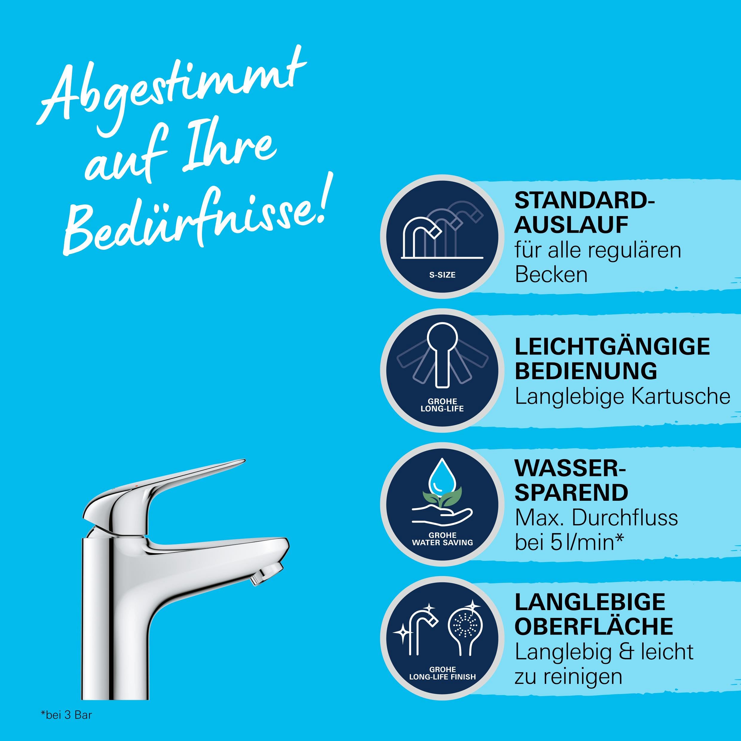 GROHE Swift, Waschtischarmatur, wassersparend (Wasserhahn für das Bad, mit versenkbarer Kette, 16cm hoch, mit 3in1 Werkzeug, einfache Installation am Waschbecken), chrom, 24317001