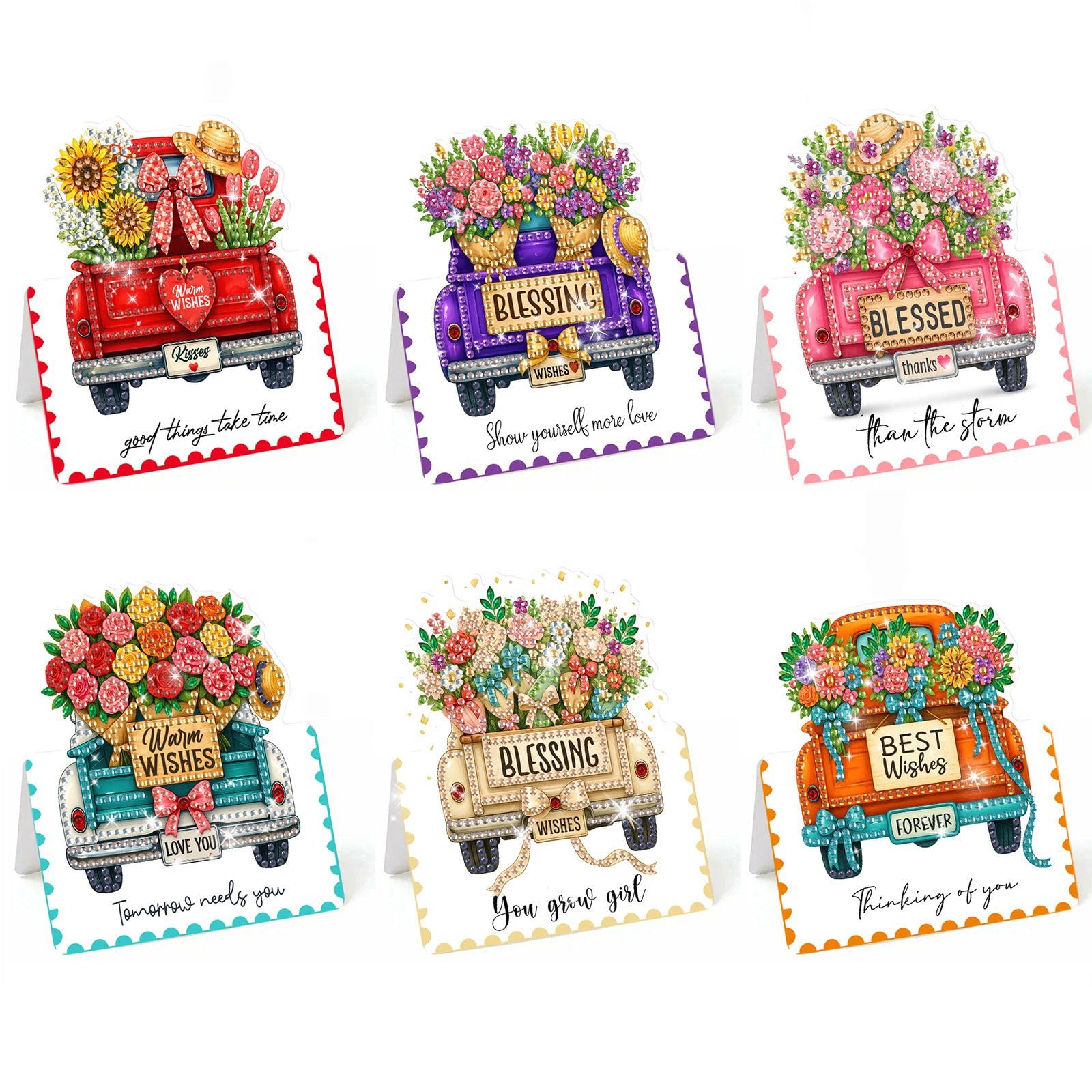 Lebartm 6Pcs 3D Folding Greeting Card DIY Diamond Art Painting Foldable Thank You Cards with White Envelopes Blessing Greeting Card Set for Festival Holiday-Truck Bouquet — image 1