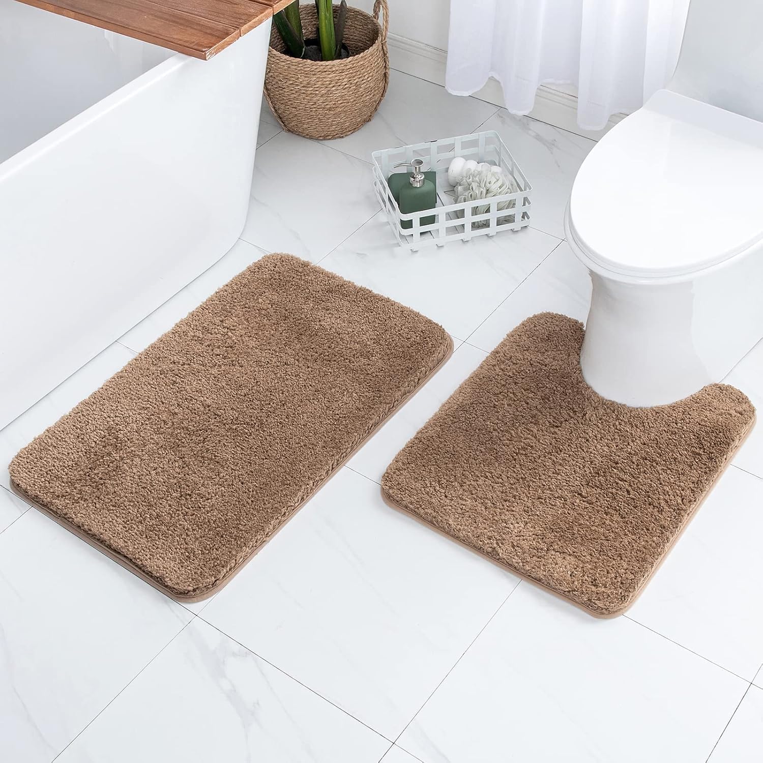 SIMILAR TO MIULEE Microfiber Bathroom Rugs and Mats Sets 2 Pieces Extra Thick Non Slip Bath Mat and U-Shaped Contour Toilet Rug for Bath Room Floor Restroom, 16\"x24\"+20\"x24\", Light Brown U 20''x24'' + 16''x24'' Light Brown