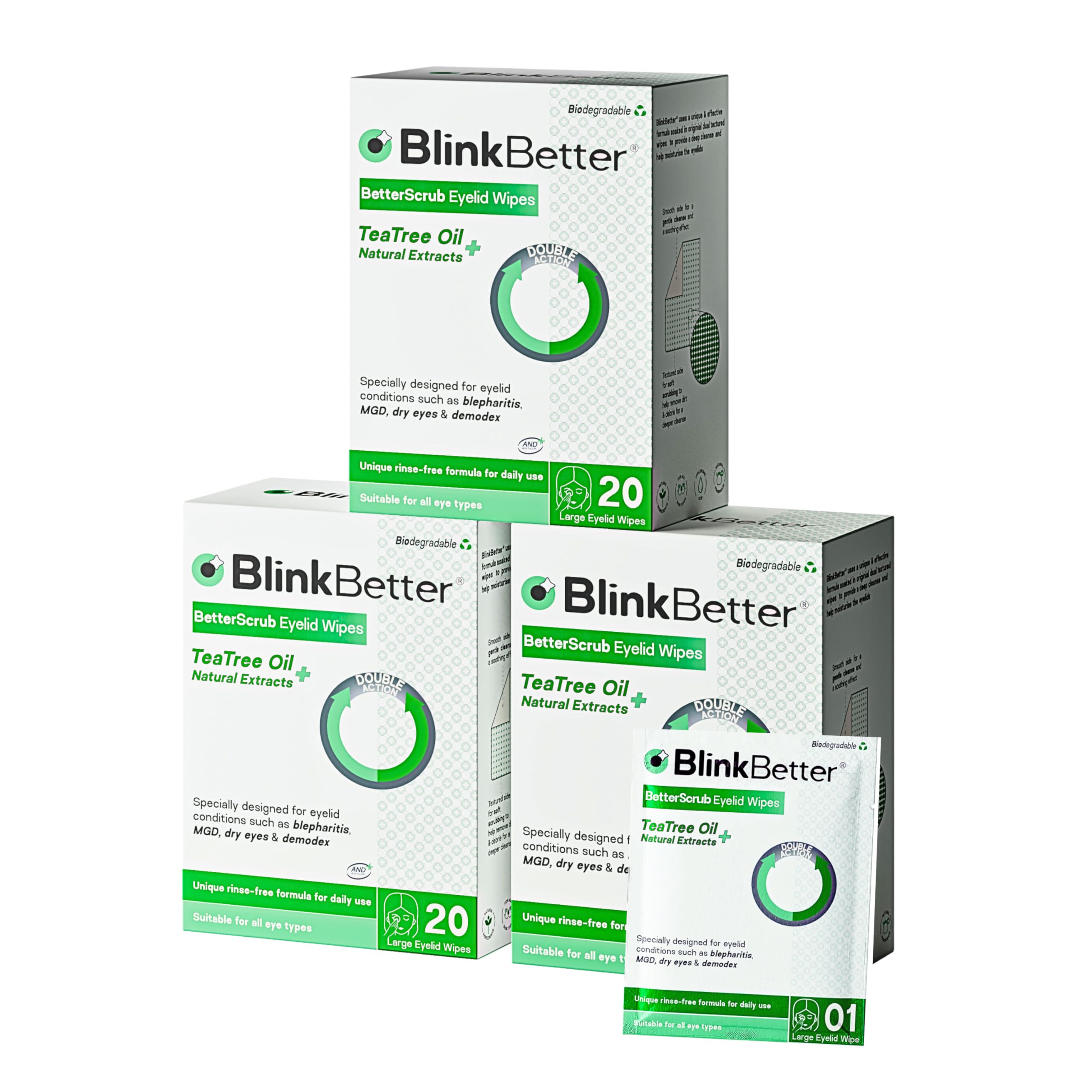 BlinkBetter Tea Tree Oil Eyelid Wipes- 60 (Pack of 3) Natural Blepharitis, MGD & Dry Eye Relief Wipes | Cleansing, Soothing, Dual-Textured, Triple