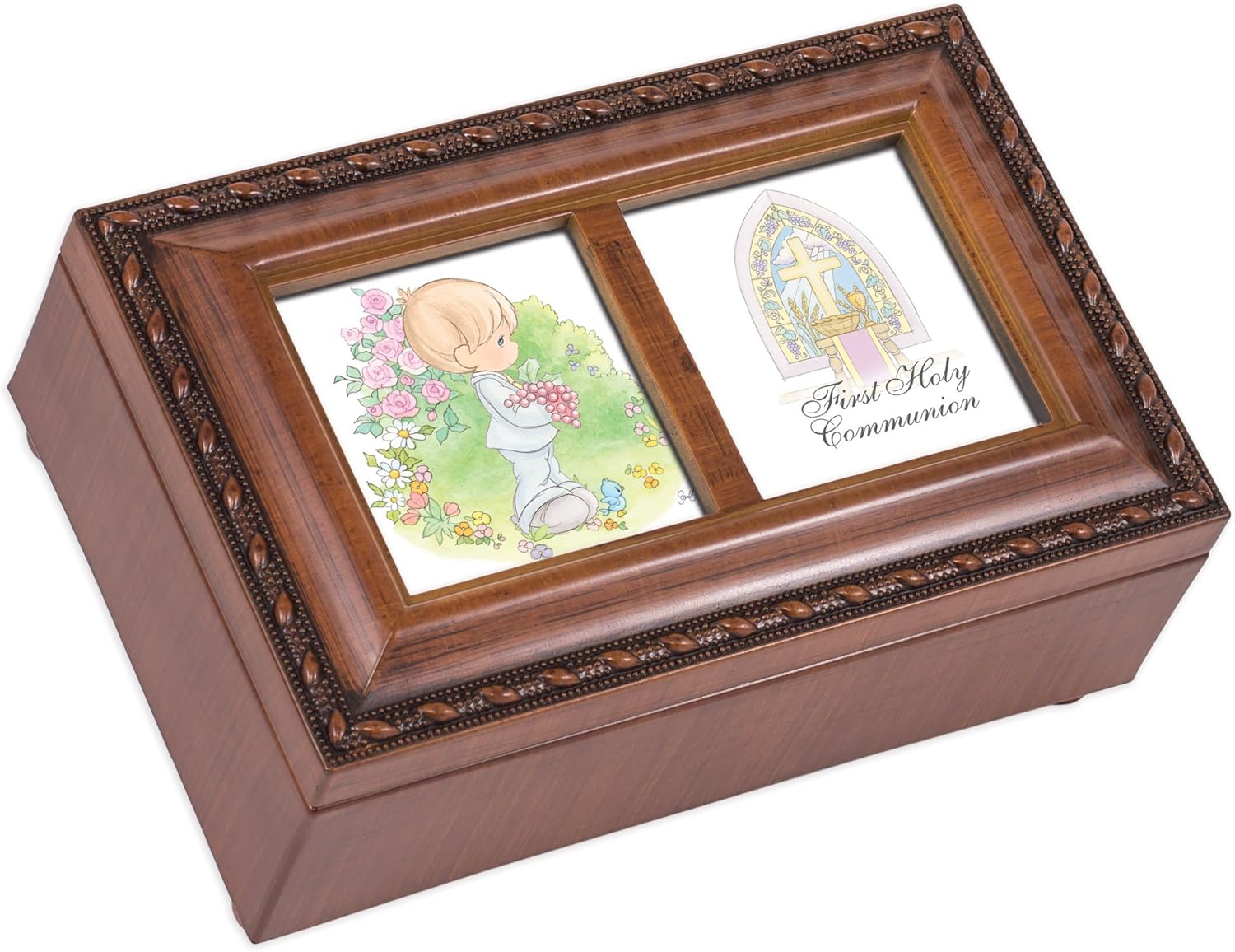 Cottage Garden Precious Moments 1st Communion Boy Woodgrain Music Box Plays Jesus Loves Me