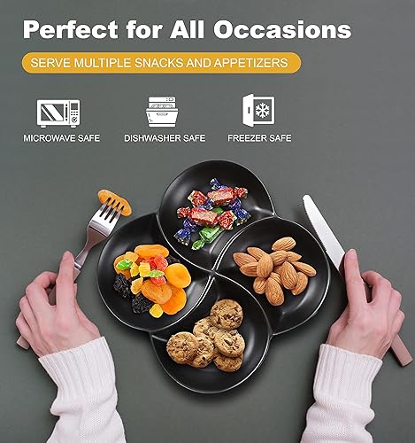 Miniatura 2 de Bruntmor Bandeja apilable de cerámica de 8.5 pulgadas de 4 secciones en color negro  Juego de 2 platos de aperitivos, embutidos, alimentos,