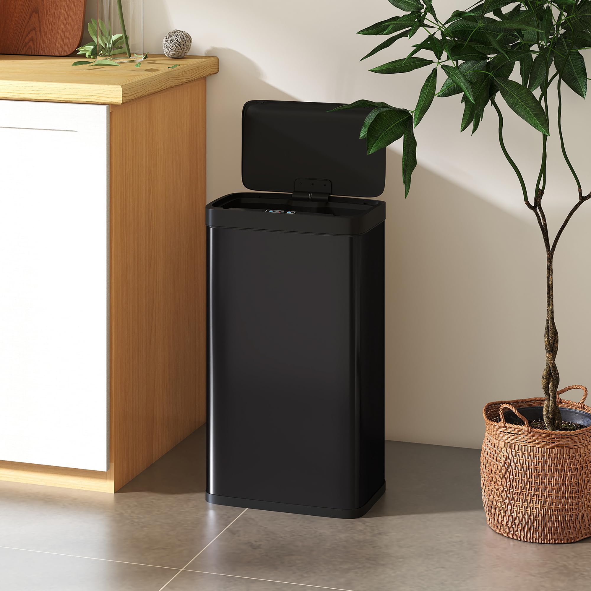 HOMCOM Cubo de Basura Cocina Automático 45 L, Papelera de Cocina de Metal con Sensor Infrarrojo, Cierre Suave, Cubo Interior Extraíble, Antihuellas, para Oficina, Hogar, Negro