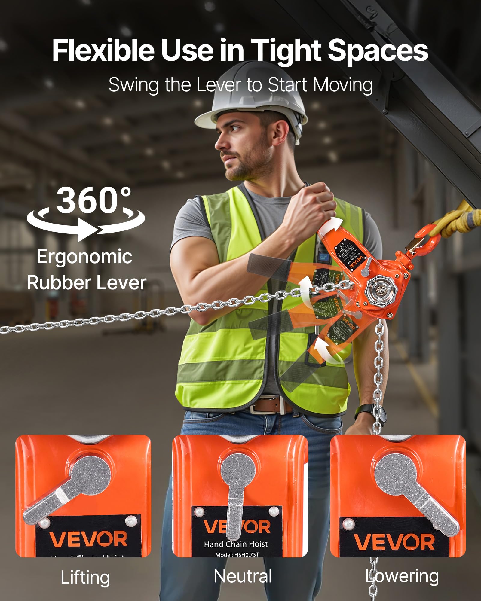 VEVOR Palan à Chaîne à Levier Manuel, Charge 0,75 t, avec Chaîne en Acier Allié G80 1,5 m, Frein Mécanique à Double Cliquet, Crochets Rotatifs 360°, pour Entrepôts, Chantiers de Construction, Garages