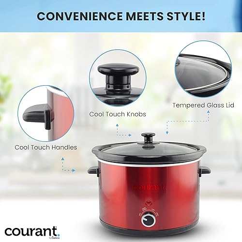 Miniatura 7 de Courant Mini olla de cocción lenta, con opciones fáciles de poner en lavavajillas, 1.6 cuartos de galón, color rojo