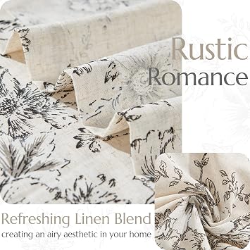 jinchan Black Floral Linen Curtains 63 Inch Farmhouse Back Tab 2 Panels | Light filtering drapes, semi sheer, farmhouse, cottagecore, rustic, living room, bedroom, rod pocket, window treatment