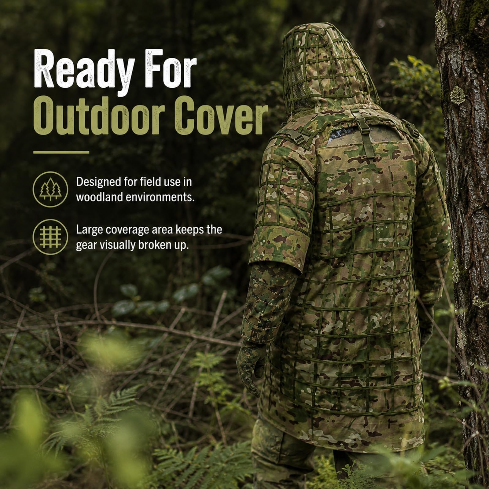 Ghillie Suit Tactical Set con Viper Hood E Mantello Camouflage Traspirante | Giacca Mesh Leggera E Traspirante for Caccia Fotografia Naturalistica Osservazione E Training Outdoor Bosco