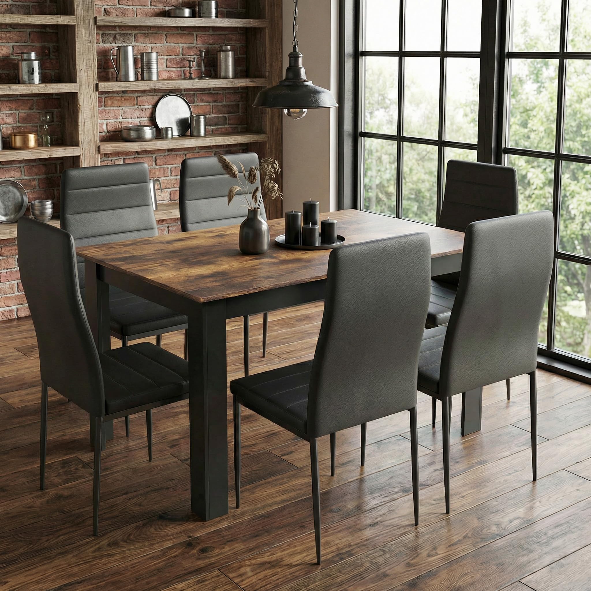 Mondeer Dining Table and Chairs Set 6, 138x90x75cm, for Kitchen Home Office, Rusticbrown Black Table and Black Chairs, 138 x 90 x 75 cm - Image 7