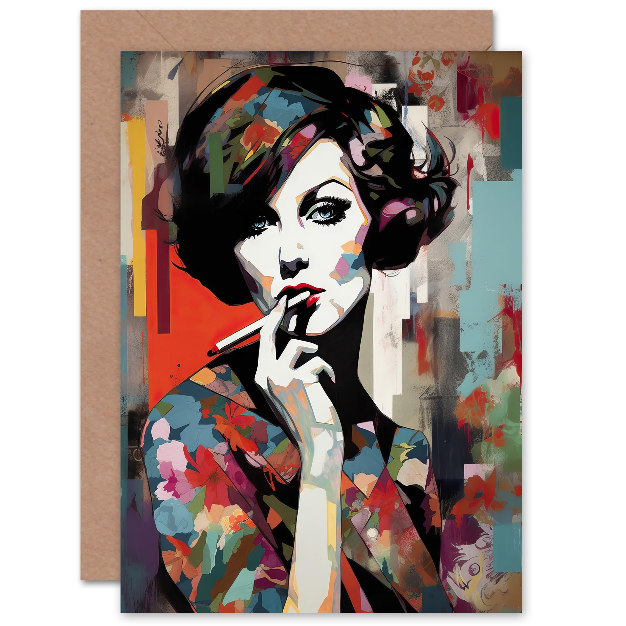 Artery8 Femme Fatale Portrait Floral Fashion Vibrant for Wife Her Mum Sister Daughter Mom Gran Nan Birthday Thank You Congratulations Blank Art Greeting Card