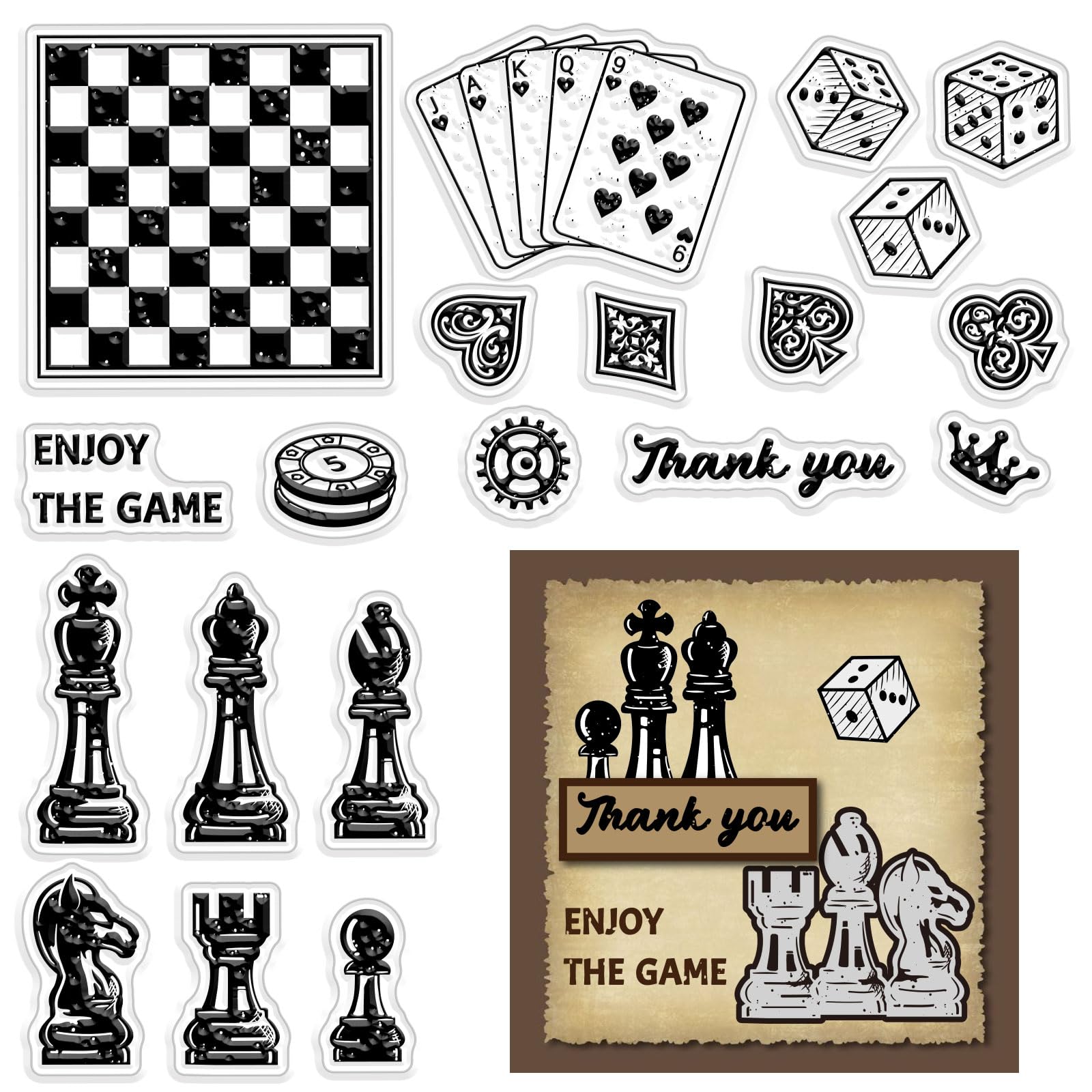 CRASPIRE Chess Poker Clear Rubber Stamps Dice Reusable Funny Silicone Transparent Seals Stamp for for Journaling Card Making Friends DIY Scrapbooking Photo Frame Album Decor 6.3 x 4.3inch