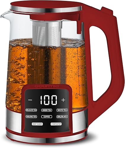 Gourmia Hervidor eléctrico de vidrio programable 1.7L Control de temperatura Hervidor de té y café con pantalla táctil digital, 6 preajustes,
