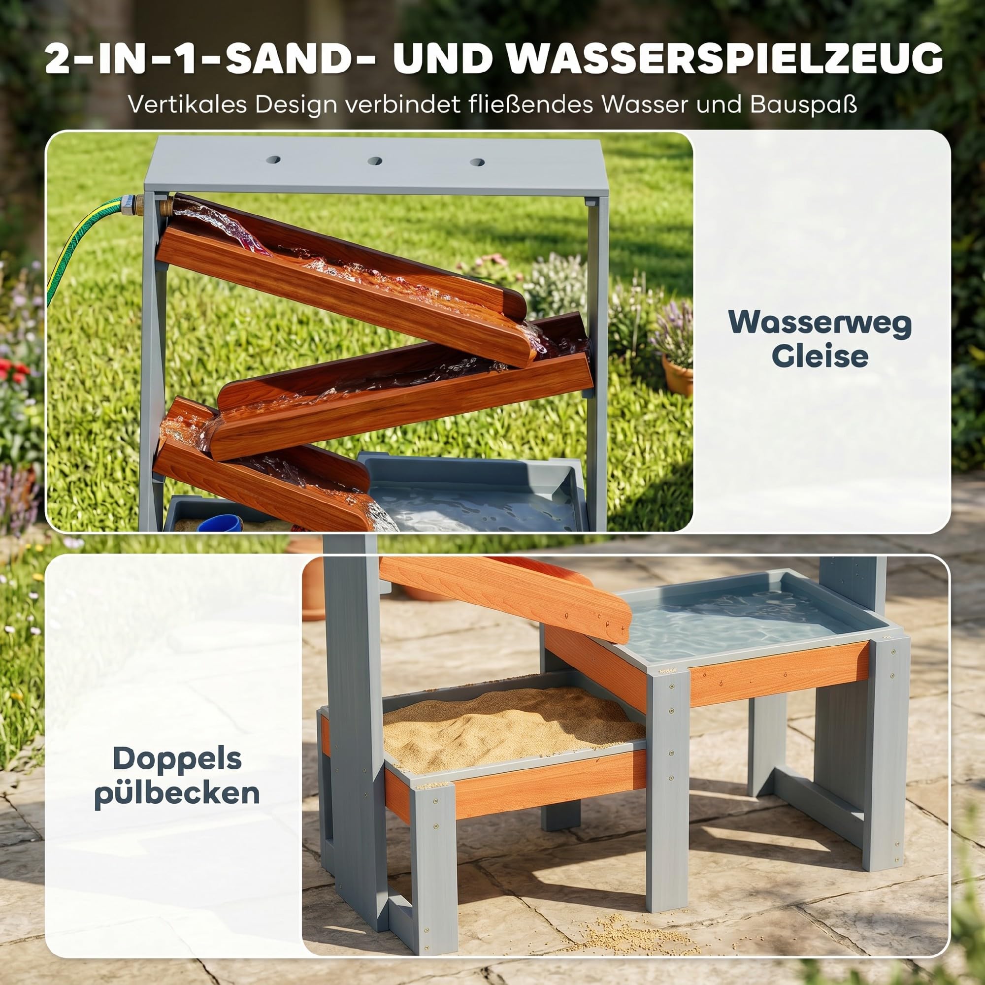 AIYAPLAY Sand Wasserspieltisch Holz, Wasserbahn, Kinder 3-8 Jahre, Grau | Holz Wassertisch, Matschtisch, Strandtisch Sandkastentisch, mit 2 Becken