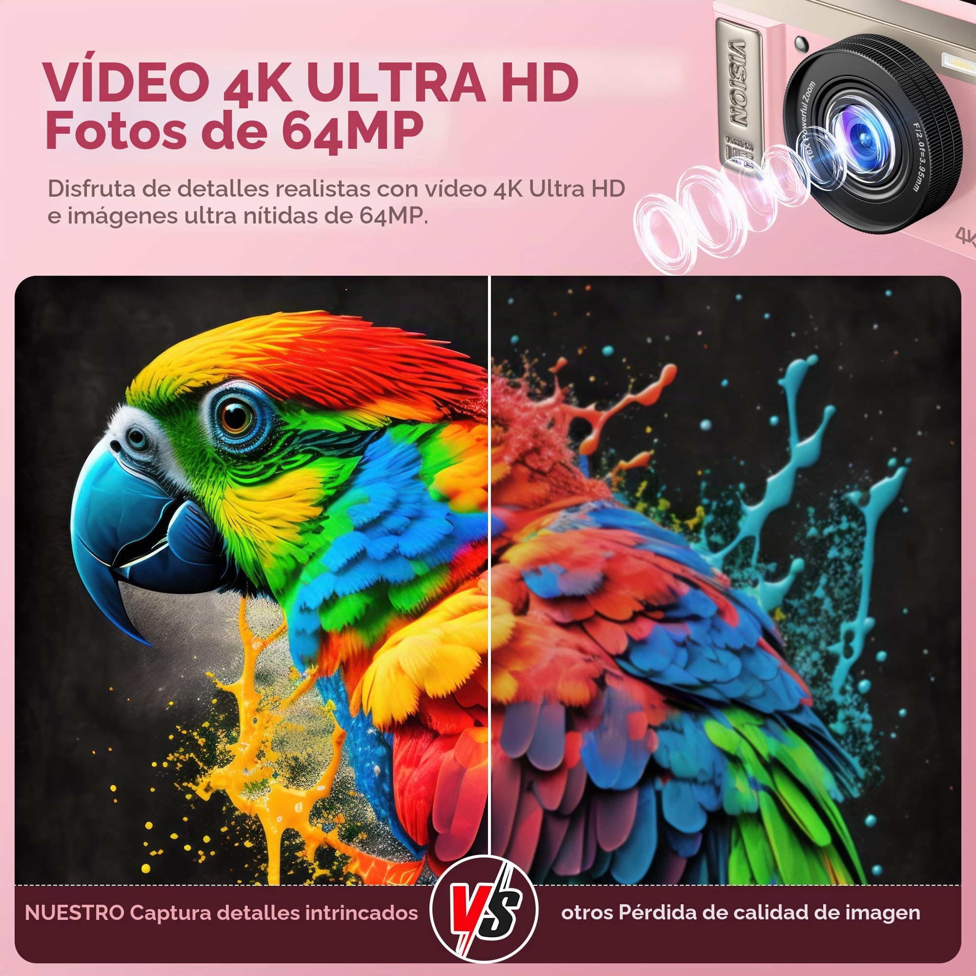 Camara de Fotos Digital 4K Profesional: Chica Cámara Digital con Pantalla Abatible 180° - CAM Compacta con 32G Tarjeta - 16X Zoom Camara para Principiantes Niña Adolescente