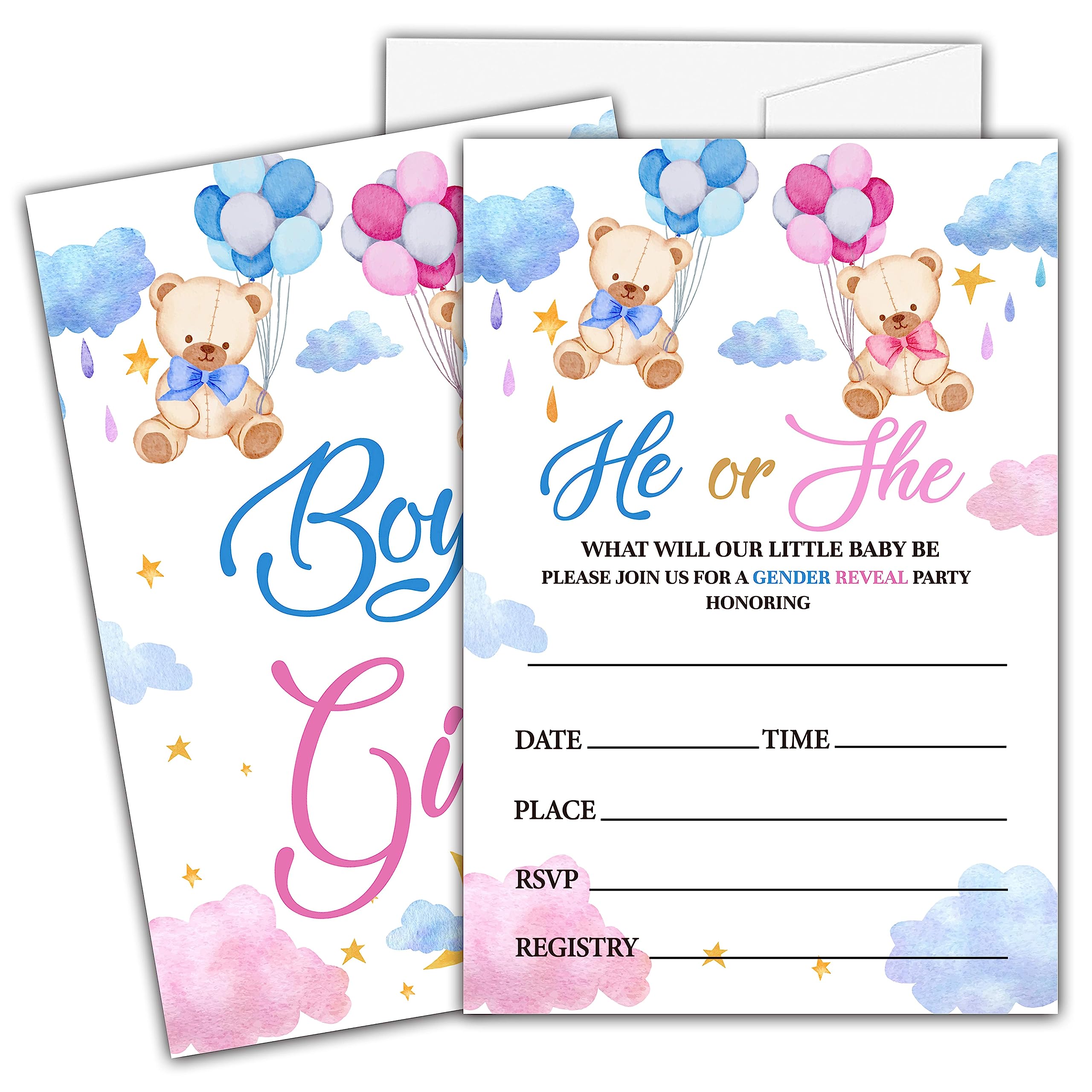 Ycyfckdr Bear Gender Reveal Invitations For Girls Boys, He Or She Baby Shower Party Invitation Cards, Gender Reveal Party Decor Supplies - 25 Fill In