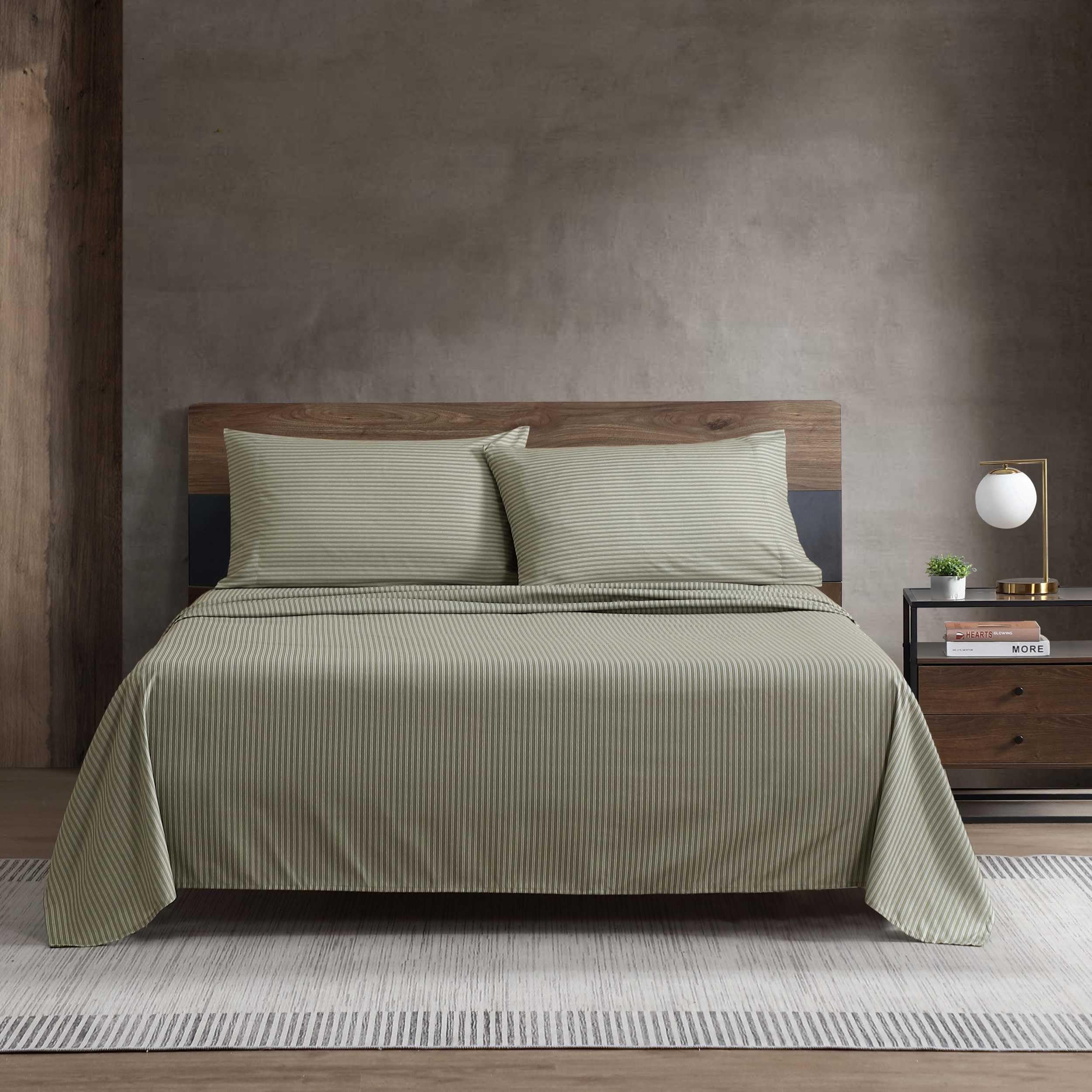 Kenneth Cole - Queen Size Sheet Set, Crisp & Cool Bedding with a Light and Breathable Feel, 4 Piece Bed Sheets with Deep Pocket Fitted Sheet & Matching Pillowcases (Twill Stripe Texture Green)