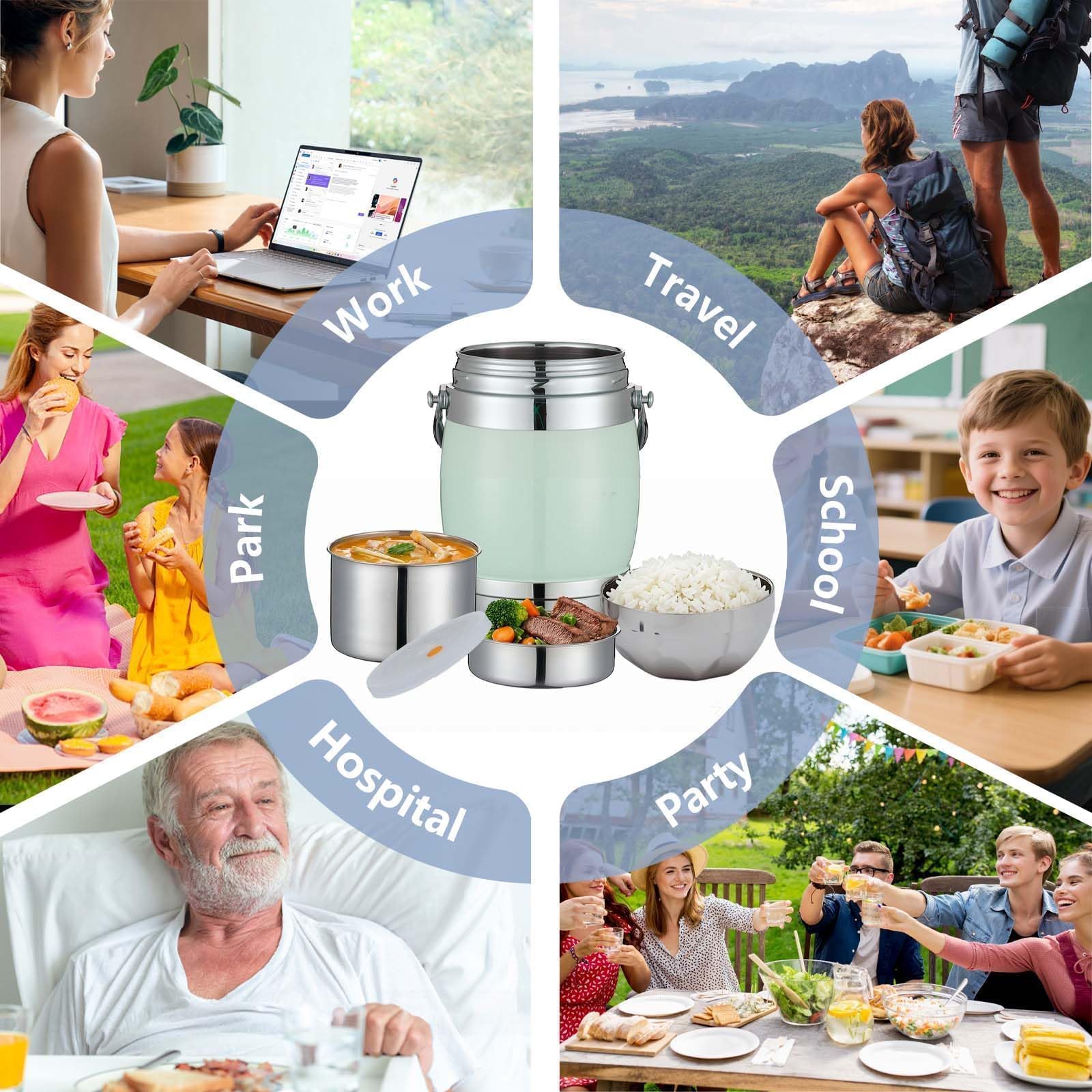 Gran Tarro de Alimentos Portátil de Acero Inoxidable al Vacío 1,7 L, 3 Niveles Apilables Bento Lunch Box, Hermético y Apto para Lavavajillas, Aislamiento 6h para Trabajo, Picnic, Camping, Verde