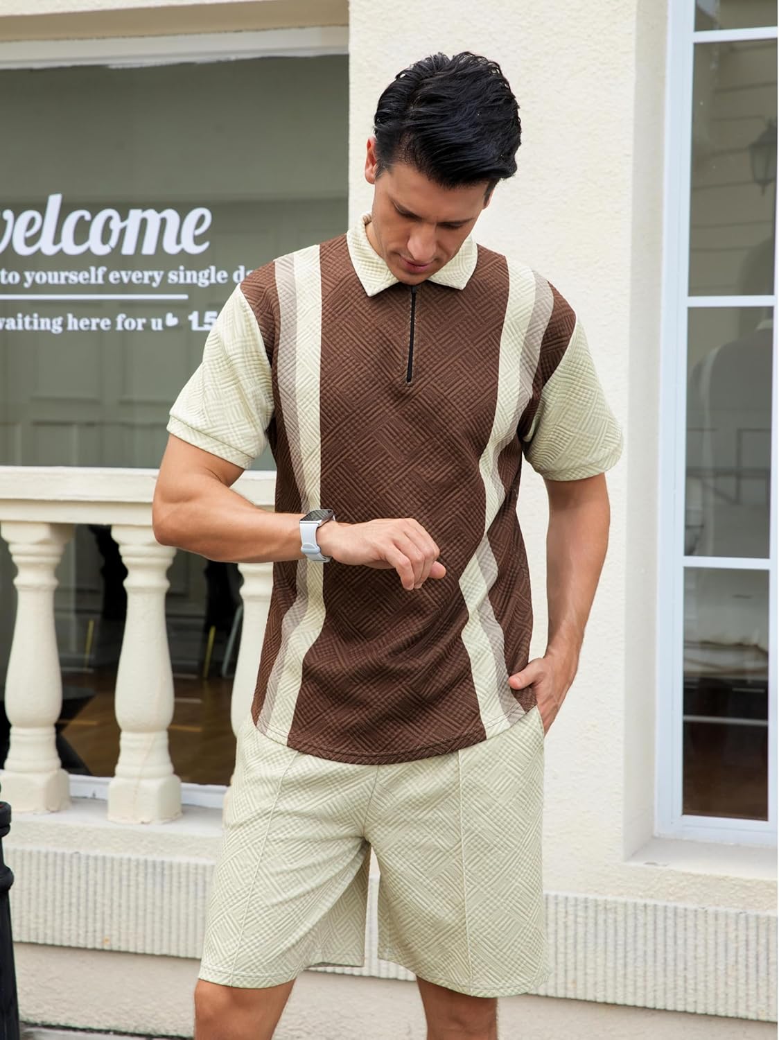 Men's Short Sets Outfits 2 Piece Fashion Summer Clothing Men 1/4 Zip Golf Polo Shirt Men's Casual Sportswear Brown Large image 5 of 8 B0DT6X9245