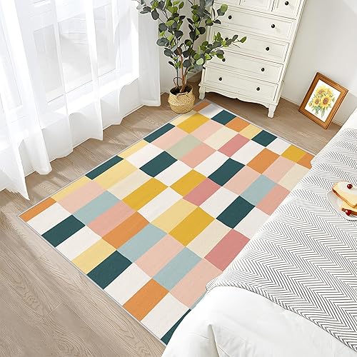 Miniatura 5 de Alfombra geométrica de 5 x 7  4 x 6  Alfombra a cuadros  Alfombra retro colorida de tablero de ajedrez  Alfombra de cuadros multicolor pastel