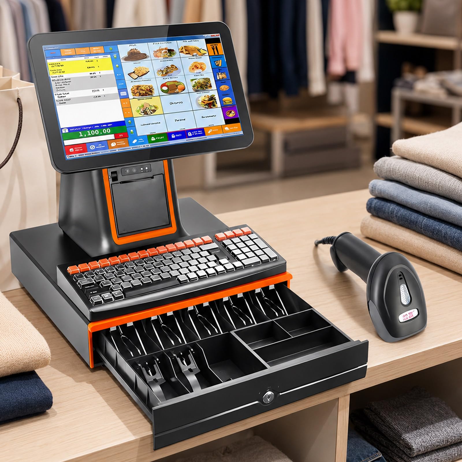 Touch Screen Cash Register for Retail Small Business, 15.6" Pos System with 58mm Printer, Barcode Scanner, Cash Drawer and 8-Digit Customer Display for Small Business Retail Checkout Black