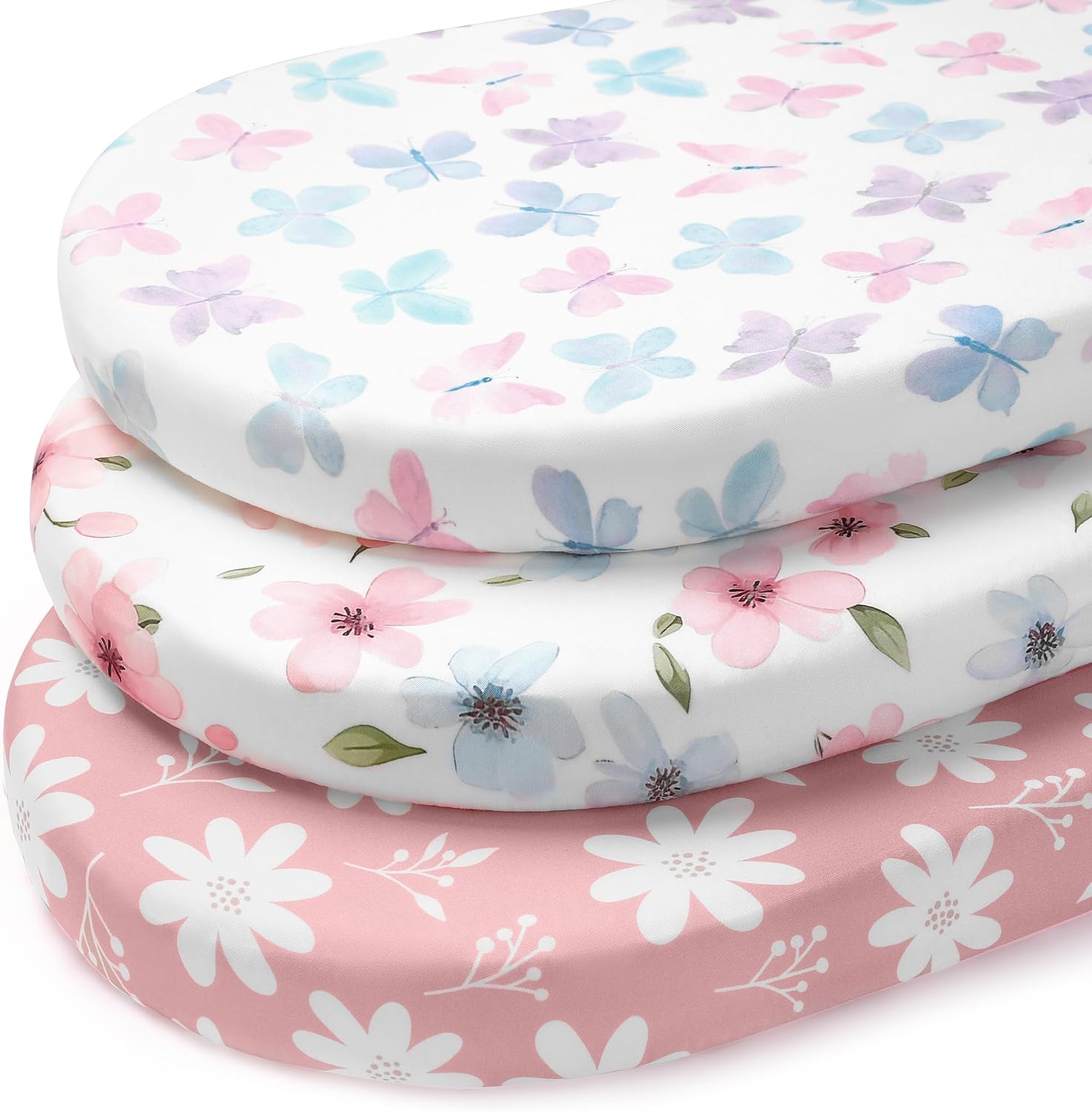 Baby Bassinet Sheets Girl, 3 Pack Fitted Bassinet Mattress Sheets, Compatible with Halo Bassinest Swivel Sleeper&Oval Hourglass Rectangle Mattress,Ultra Soft Butterfly Floral Pink Butterfly Flower 32” x 16”