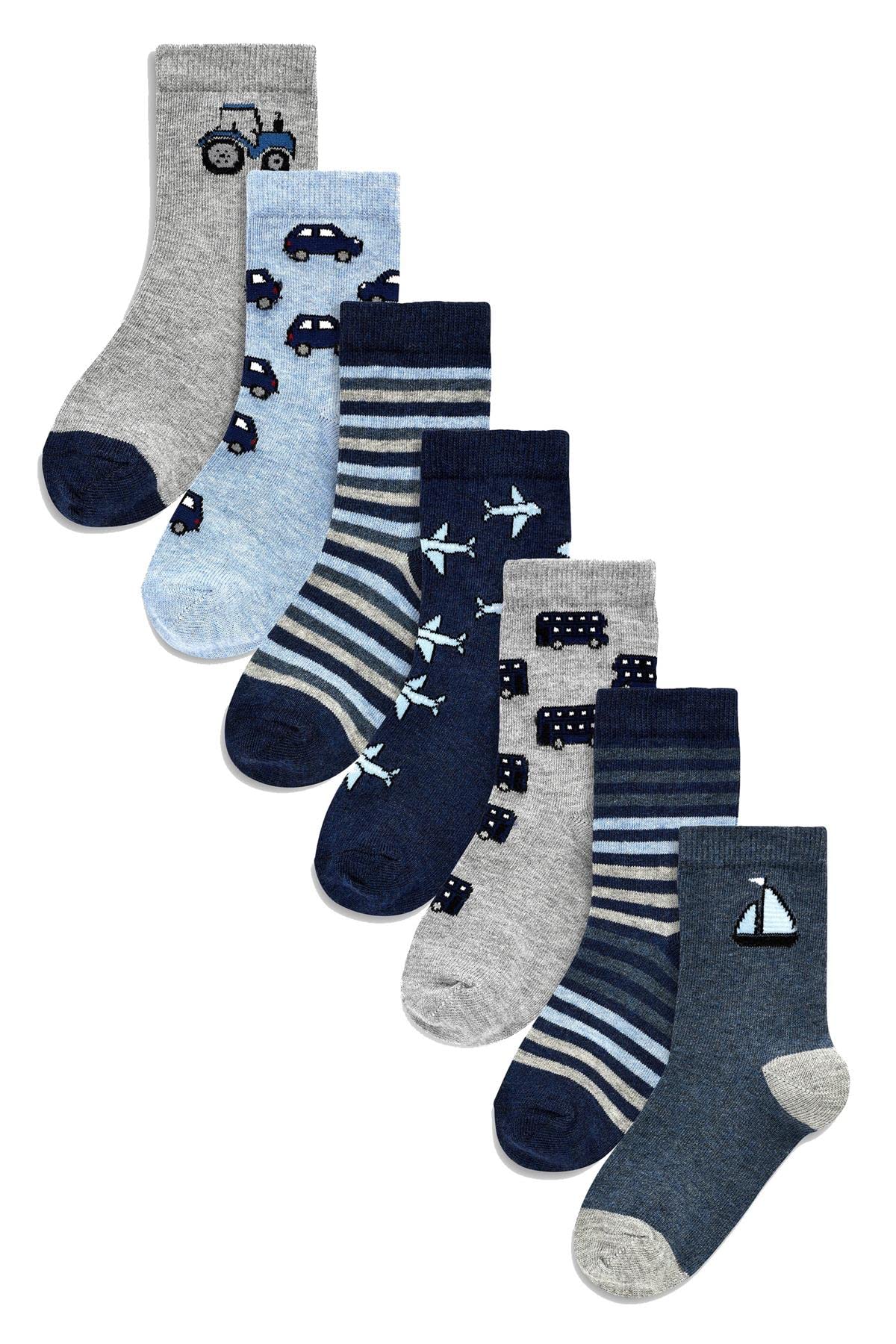 K Collection Assorted Kids Ex Store Socks - 7 Pack - Cotton Rich - Transport Design Socks - Colours - Uk Shoe Size 12-3