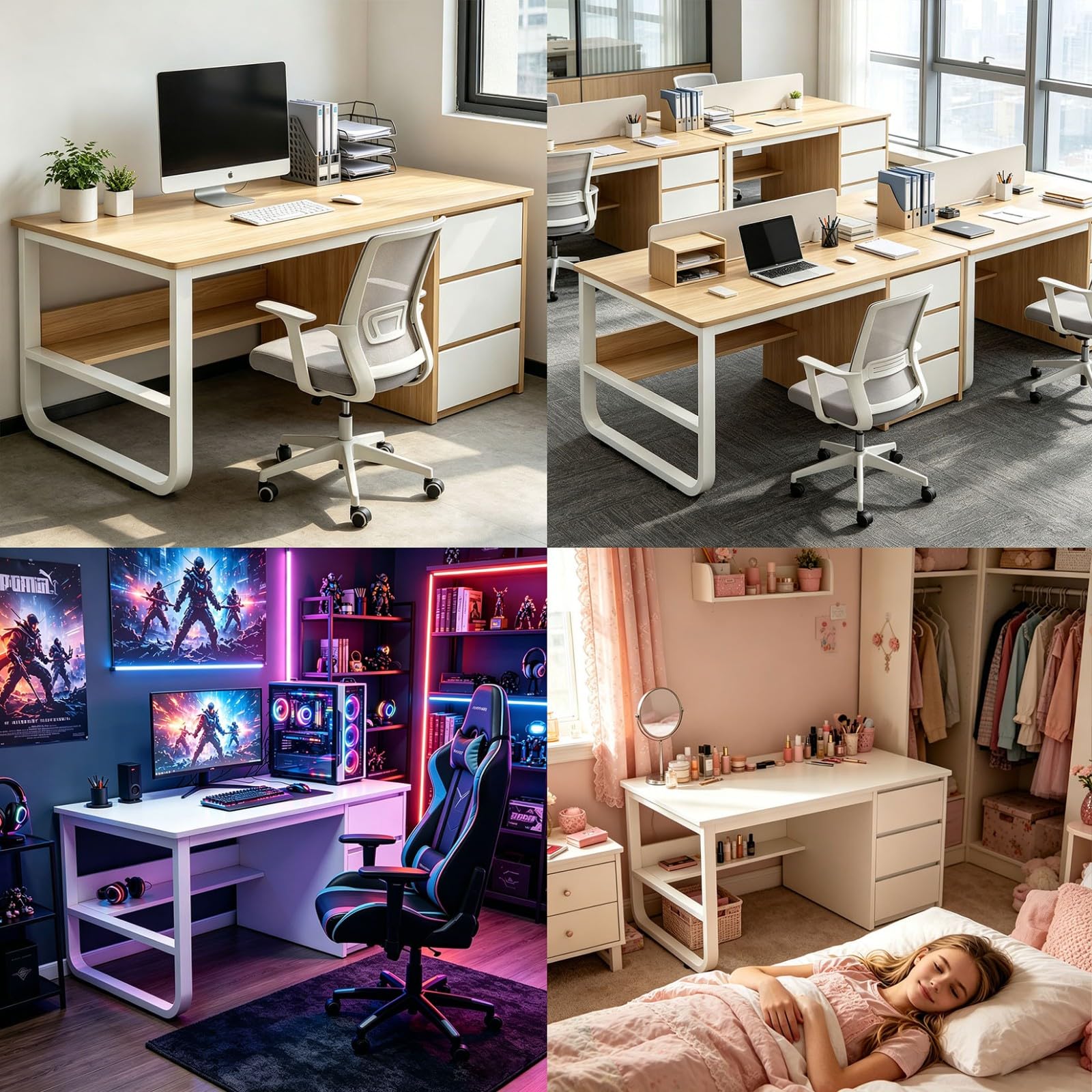 Mesa de Ordenador para Oficina Mesa Escritorio de Madera Estructura Metal con 3 Cajones Estación Trabajo para Teletrabajo, Estudio, Dormitorio, Oficina En Casa A,120CM