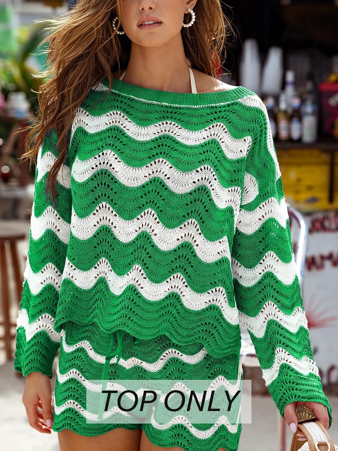 CUPSHE Women's Crochet Cover Up Long Sleeve Striped Beach Cover Up Top Summer Casual Knit Tops for Swimwear(Top Only) - Image 5