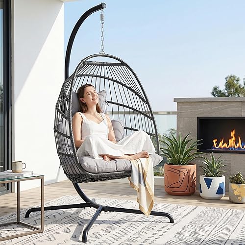 Miniatura 11 de NICESOUL Silla de huevo sin soporte para interiores y exteriores, capacidad de 350 libras, resistente silla colgante de mimbre para patio, hamaca