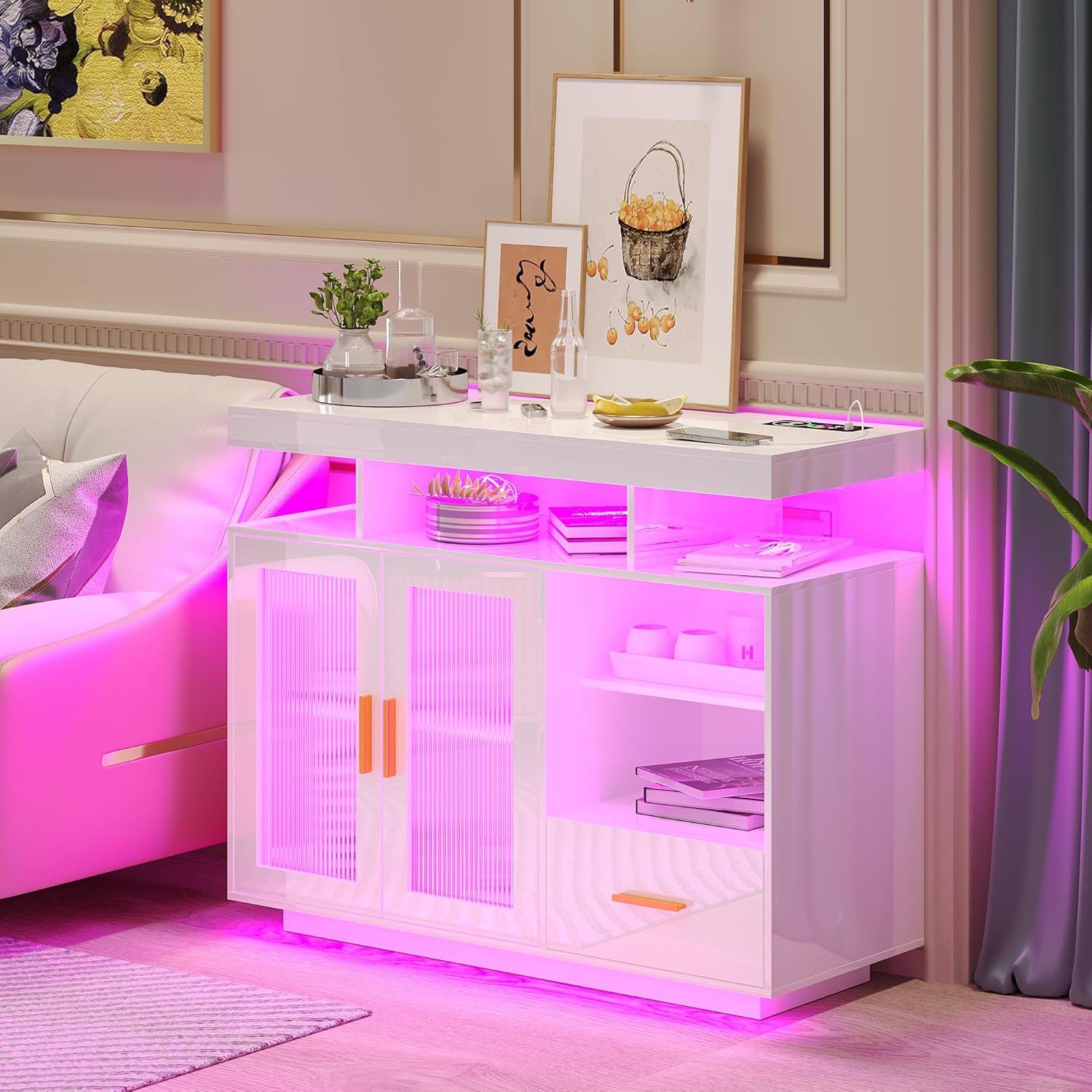 LED Sideboard Buffet Cabinet with Storage, Modern White Coffee Bar Cabinet with Charging Station, High Gloss Kitchen Storage Cabinet with Auto Sensor 24-Color Lights for Dinning Room