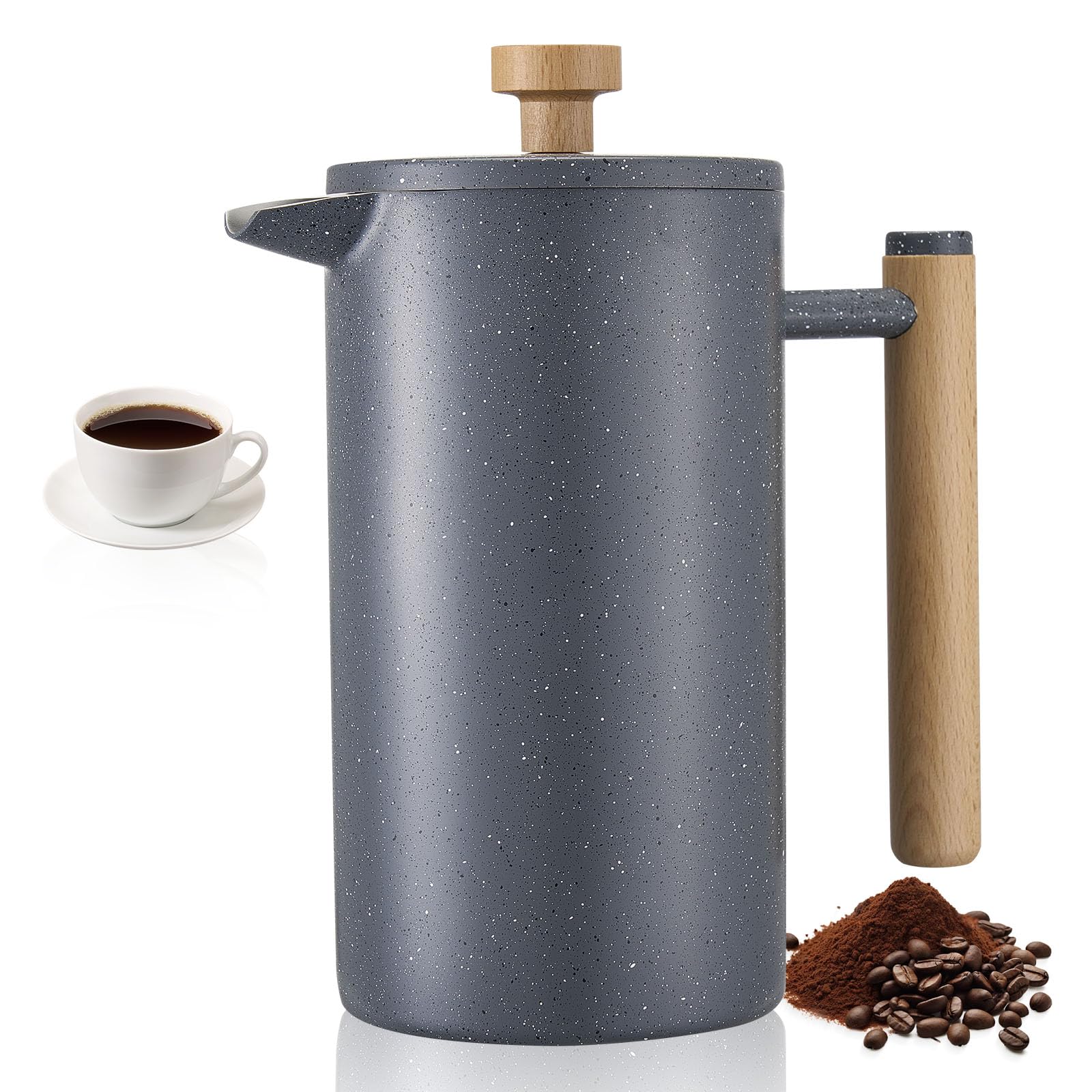 VEVOR French Press Kaffeemaschine, 1 L, Edelstahl, Doppelwandig isoliert, Schwarz mit Holzgriff