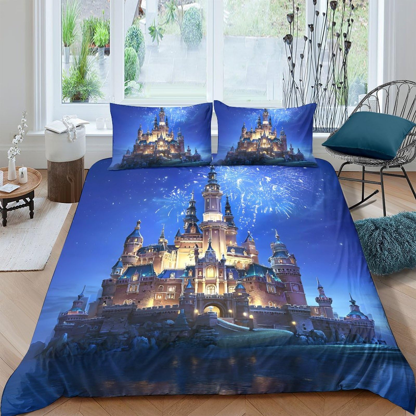 GPLZQXKJNH 3D Printed Castle Night Sky Duvet Cover Microfiber Soft Bedding Set with 2 Pillowcases for Bedroom Decor, Blue Single（135x200cm）