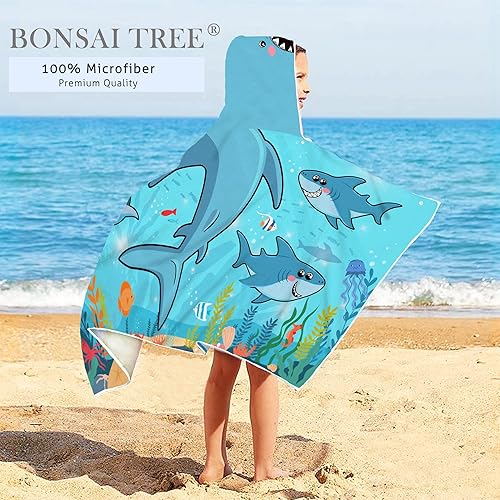 Miniatura 7 de Bonsai Tree Toalla de playa de sirena para niños con capucha, toalla de poncho de microfibra con capucha de cola de sirena para niñas, 30 x 50
