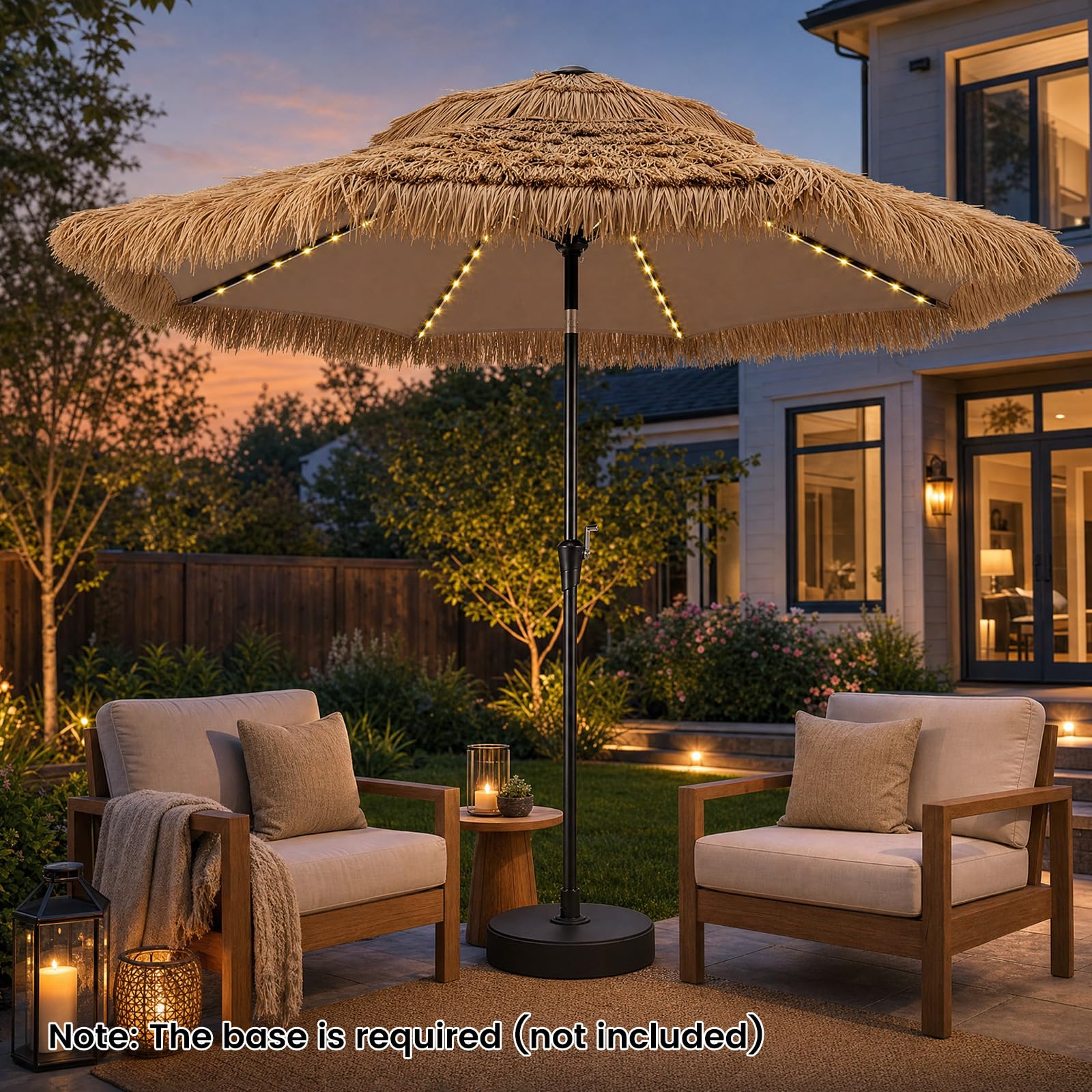 COSTWAY Sonnenschirm Hawaii mit LED-Beleuchtung, 300 cm Strohschirm kippbar | Gartenschirm mit 12 Beleuchtungsmodi & Kurbel, Strandschirm Stroh, Terrassenschirm für Garten, Balkon, Terrasse