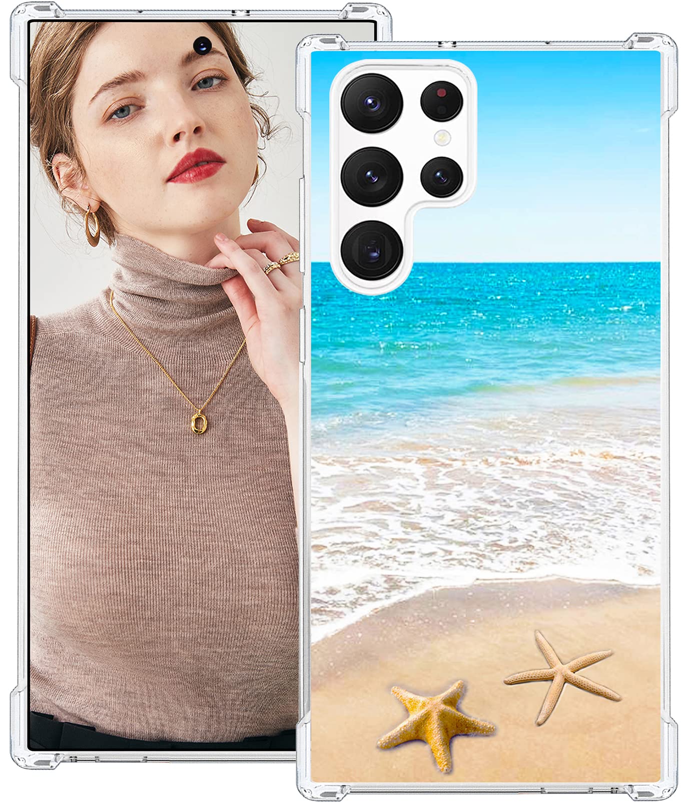 Galaxy S22 Ultra Case Beach Summer Gel Silicone Slim Protection Cover Compatible with Samsung Galaxy S22 Ultra 6.8 Inch & Sand Sandy Beachy Waves Starfish Ocean Sea Scene Theme Tropical Design