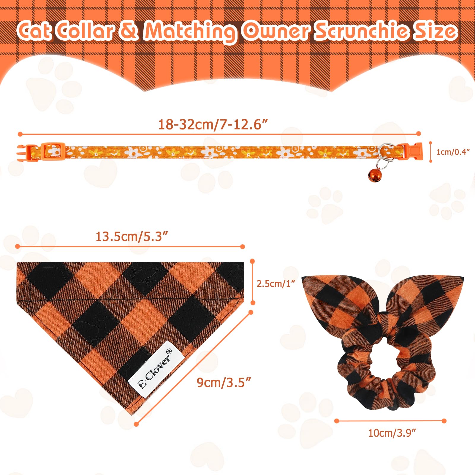 Katze & Besitzer-Set: Halsband Mit Glöckchen + Halstuch + Haargummi | Orange Kariert, Verstellbar 18–32 Cm