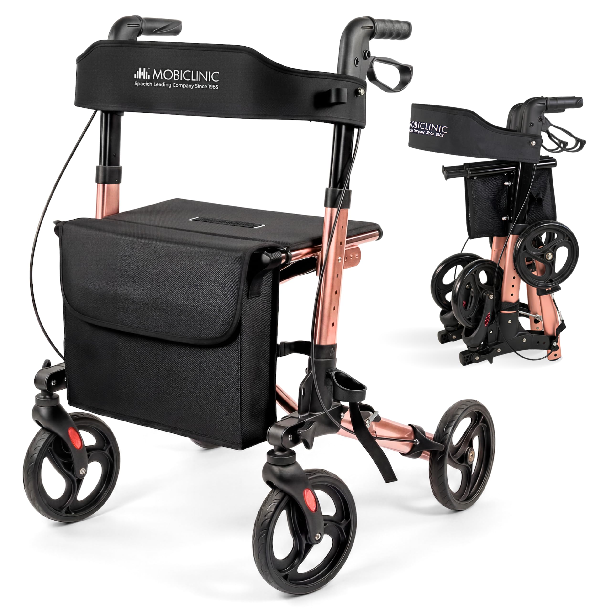 Mobiclinic®, Deambulatore Pieghevole, Seduta e Schienale, Fino a 136 kg, Oro Rosa, Altezza Regolabile, Cestino Portaoggetti, Porta Bastone, Freni e Blocco di Sicurezza, Alluminio, Trajano