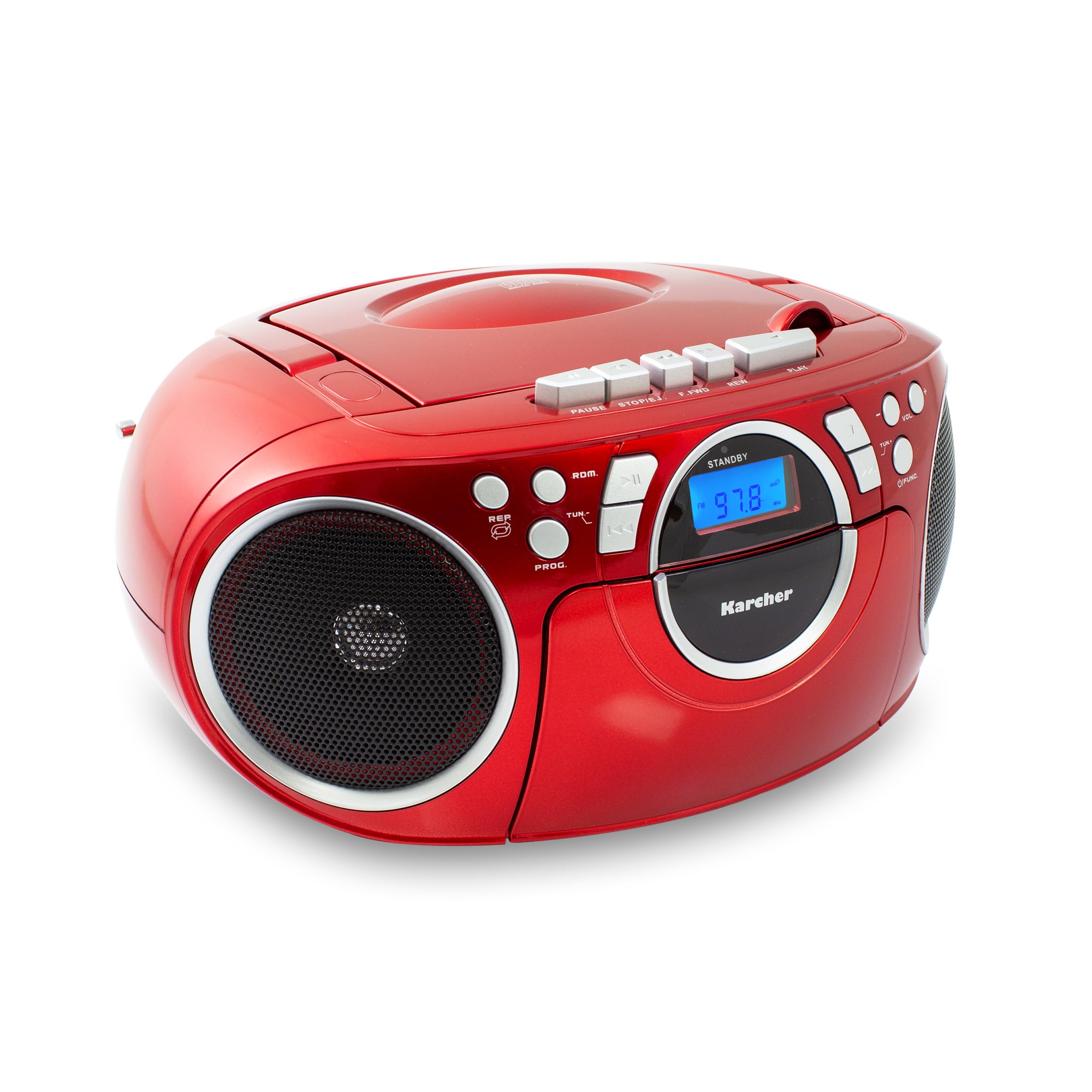 Karcher RR 5042-R tragbares CD Radio/Boombox mit CD-Player und Kassettenspieler (UKW, Batterie-/Netzbetrieb, AUX-In) rot