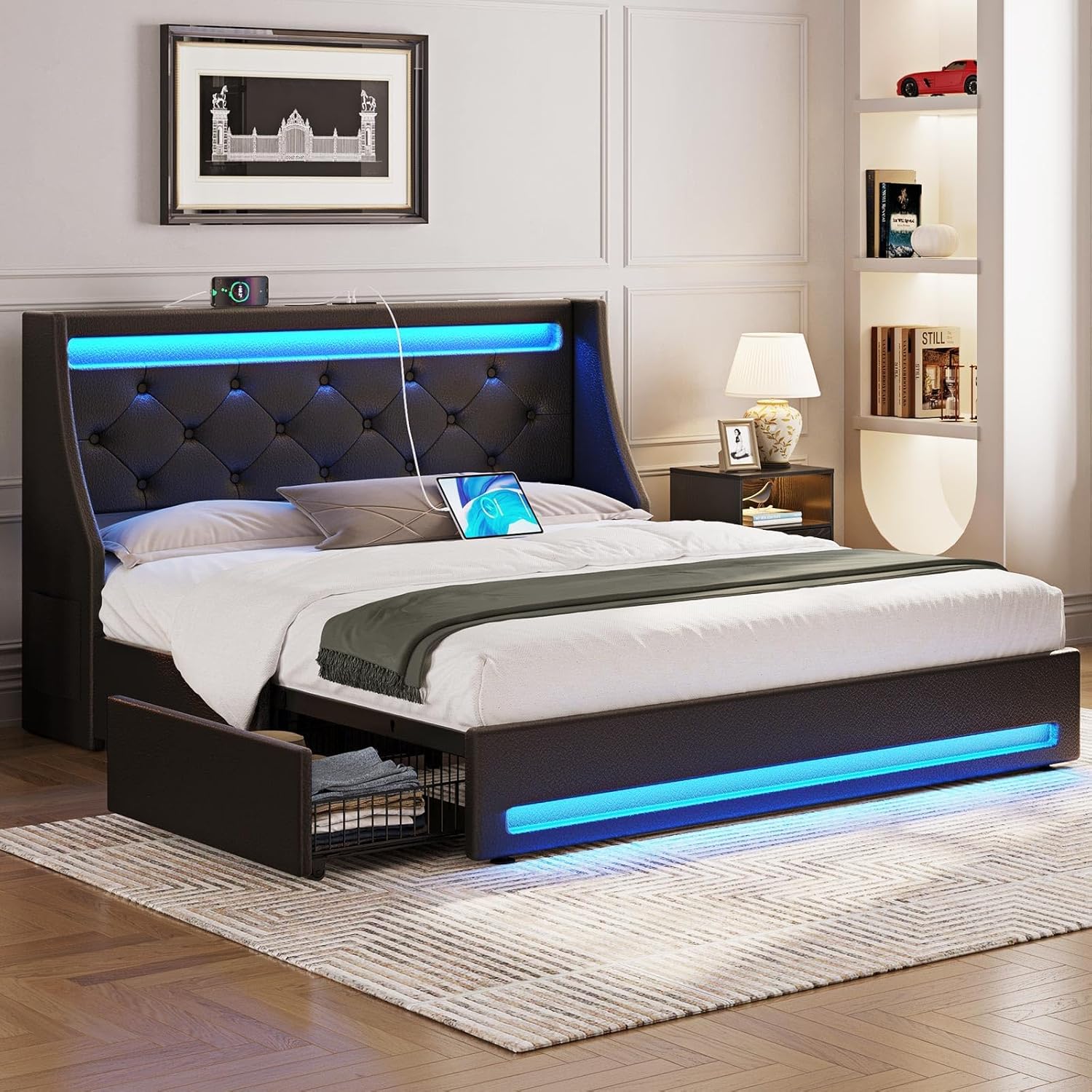 Rolanstar Full Bed Frame with LED Lights and Charging Station, PU Leather Bed with Drawers, Wooden Slats, Noise Free, Easy Assembly, Black Black Full