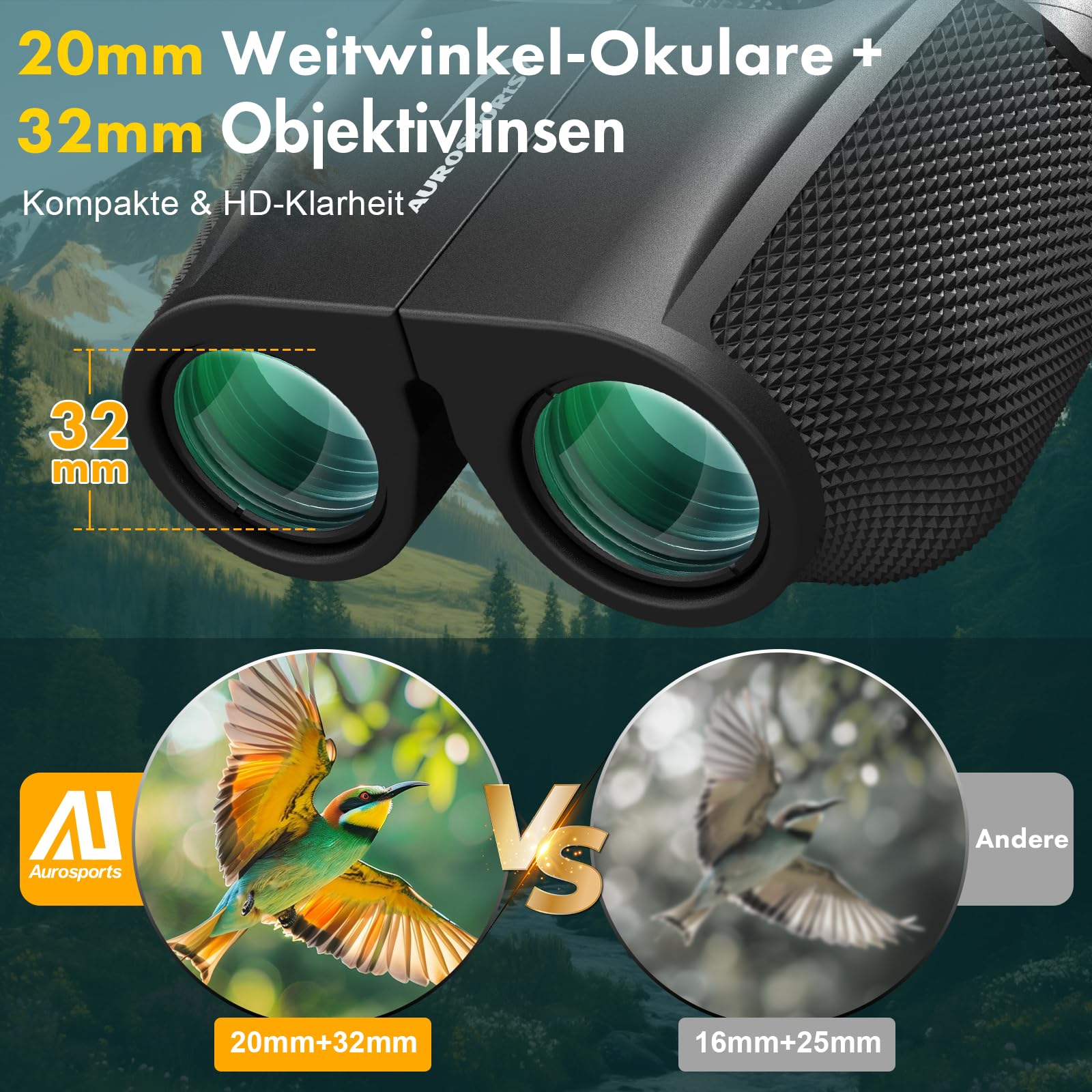 Aurosports Binocolo piccolo da 12 x 32 per adulti e bambini | Compatto, chiarezza superiore, messa a fuoco ridotta, grande oculare, ideale per bird watching, safari, viaggi, caccia