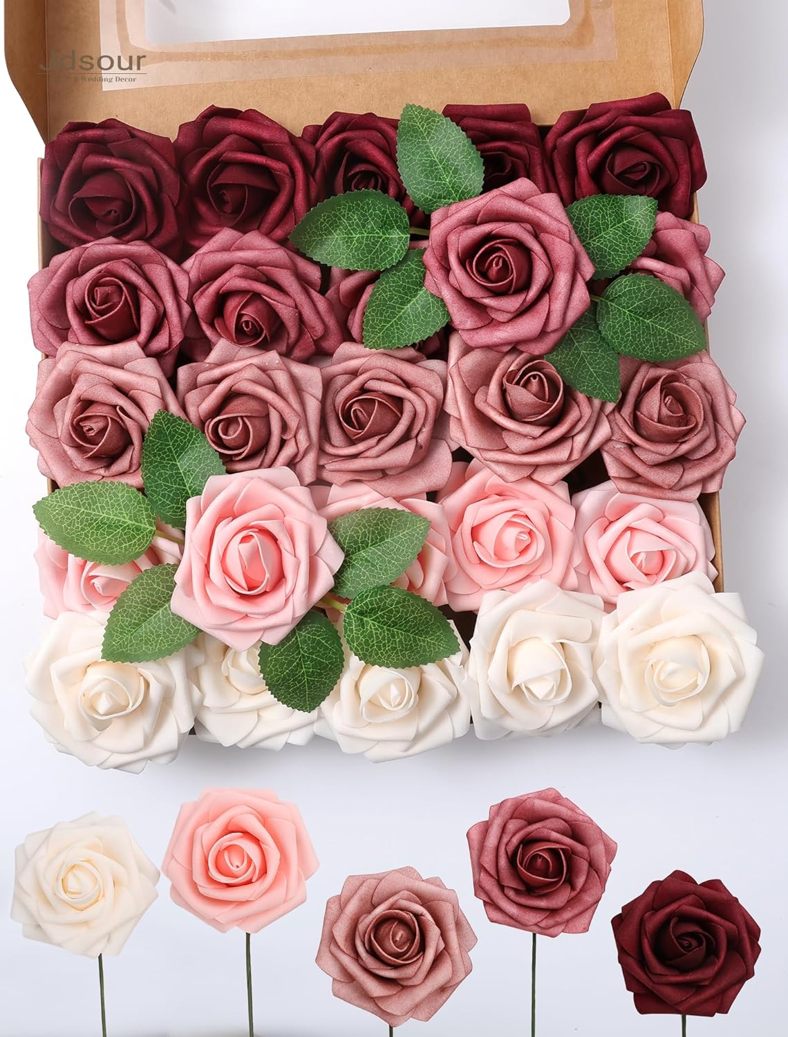 25pcs Artificial Flower，Real Looking Foam Roses w/Stem for DIY Wedding Bouquets Centerpieces Bridal Shower Party Decor-Shades of Burgundy - Image 5