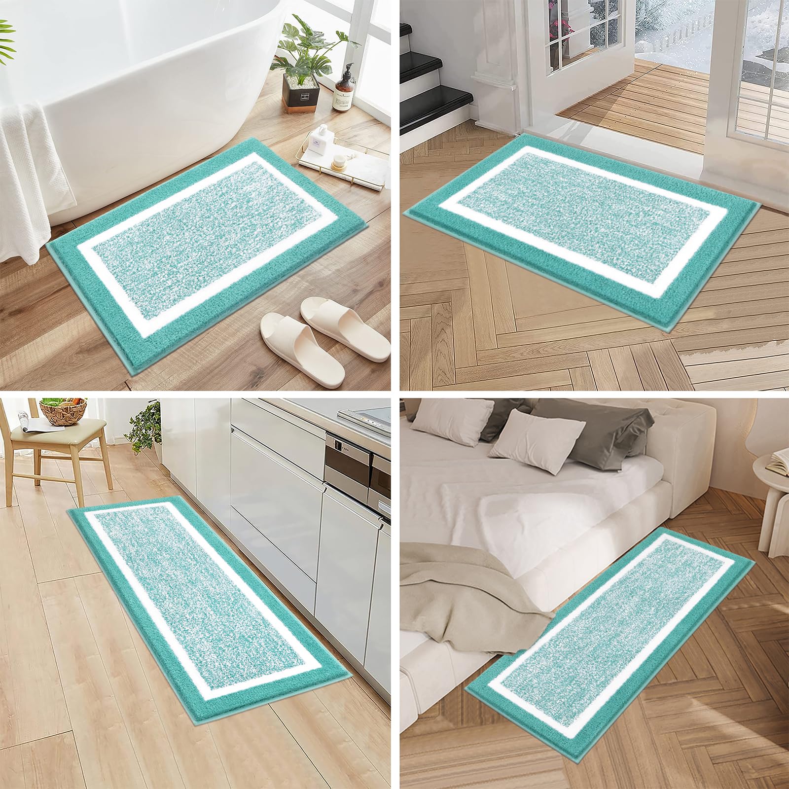 Pauwer - Juego de 3 alfombras de baño antideslizantes, absorbentes y peludas, incluye contorno de váter en forma de U, para baño, dormitorio, sala de estar, verde azulado