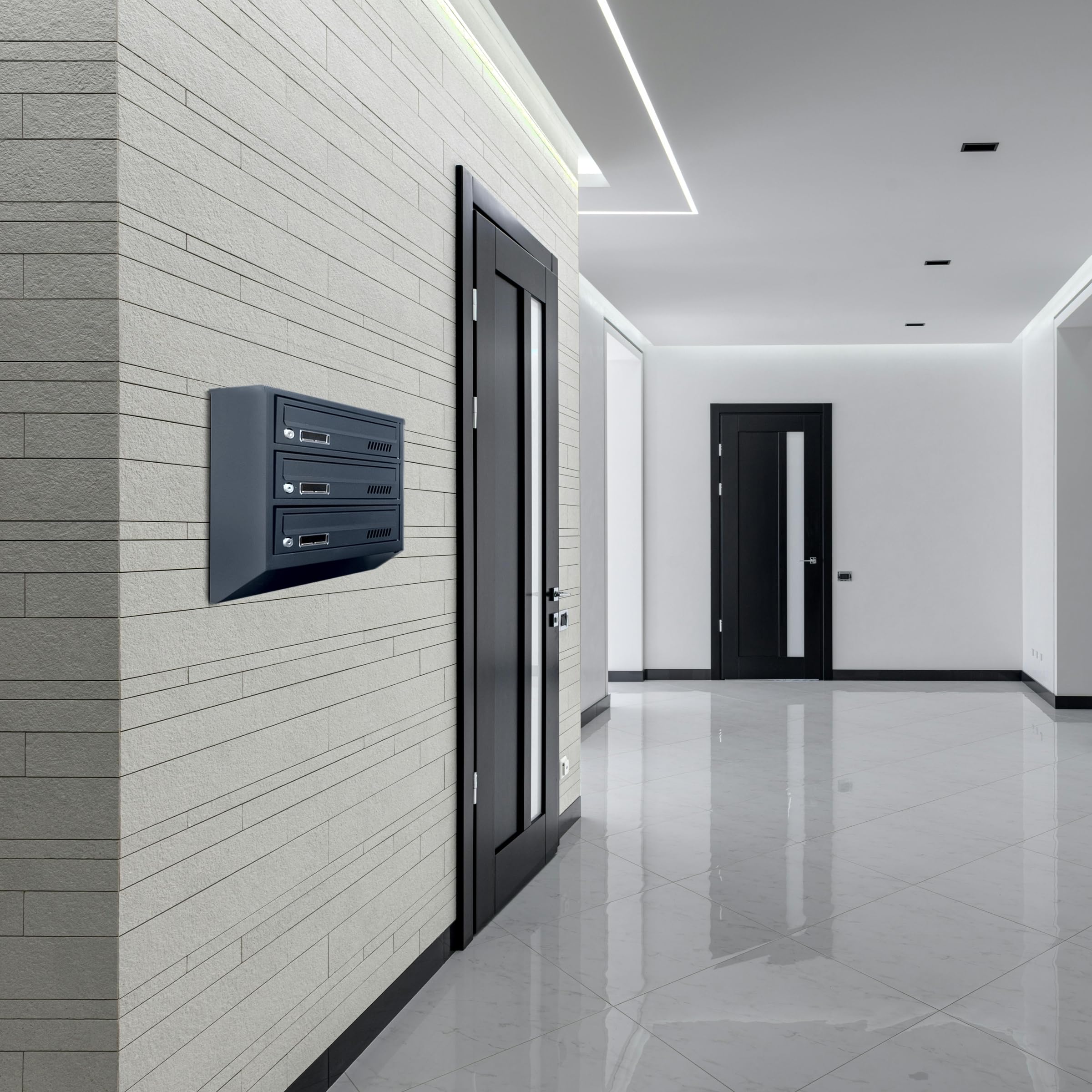 3 buzones de Correos para condominios GDS RAL 7016 20cm Profundidad | Buzones colectivos, para interiores, compatibles con formato A4, acero galvanizado, dos llaves incluidas, montaje en pared.
